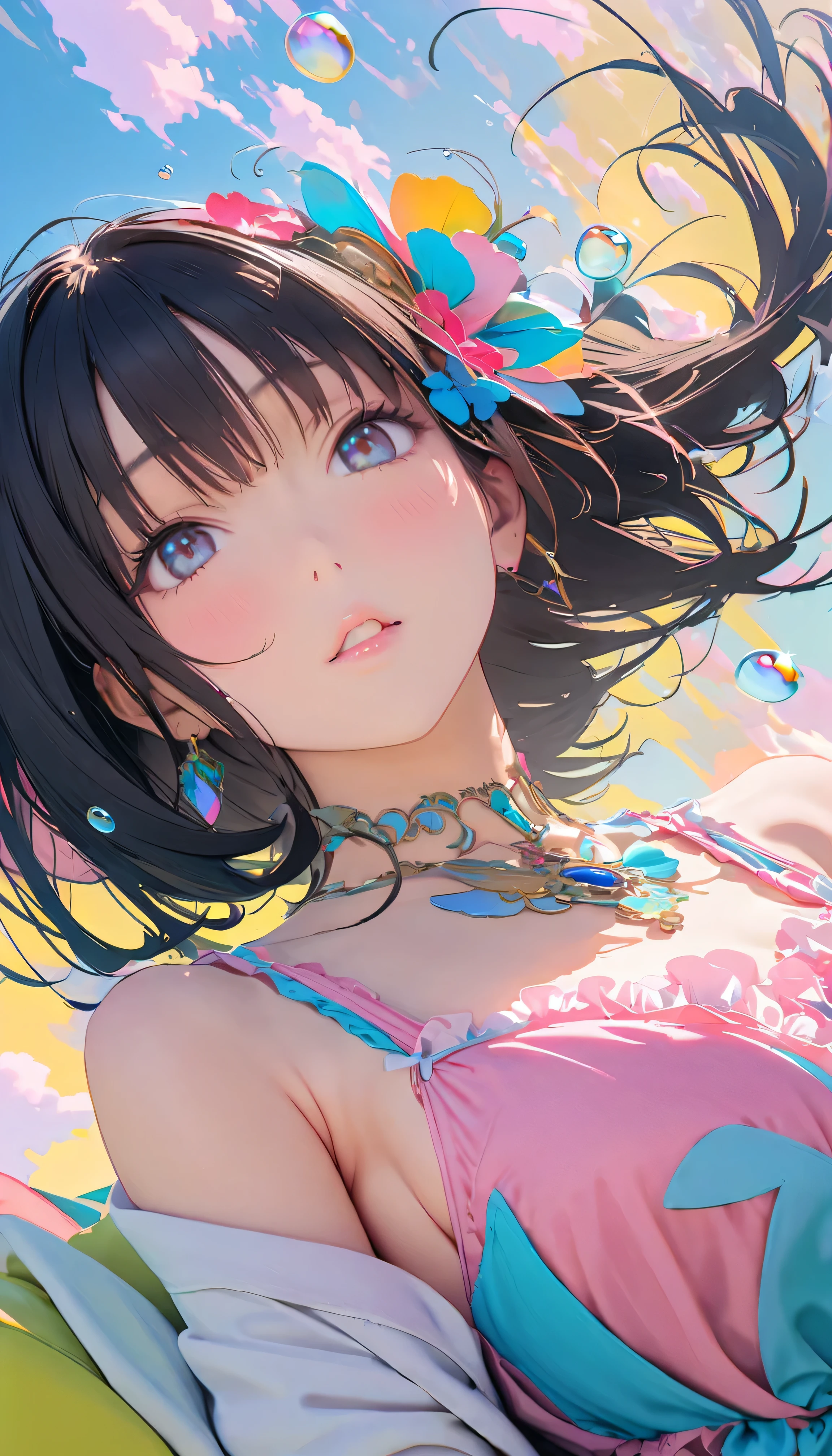 Best Quality, Super Fine, 8k, Unbelievably absurd, Very detailed, 2.5D, Beautiful Goddess, Soap bubbles, Pastel colored clouds, Sunshine, Pop Art, Delicate and dynamic, Pastel color fantasy, Black Hair, Official Art