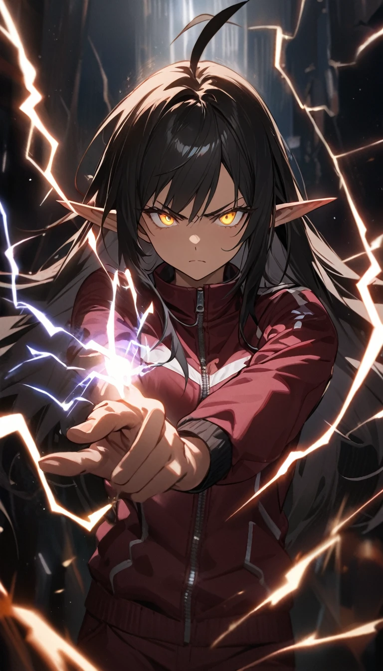 Dark Skin、Dark Elf、Elf Ears、woman, Long Hair, Ahoge, Black Hair, Glowing Eyes, Gold, Slanted Eyes, Serious face, Maroon zippered sportswear,maroon sportswear pants、 Speedy Shot, (high quality, Very detailed, Artistic), (One character), (Shining lights on a dark background), (Portrait, f2.8, 50mm), (Lightning effect:1.5), (Blitz:1.5), (lightning:1.8), (Energy release:1.3), (Lightning magic comes out of your hands), (Blitzが手から放たれる), (手のひらからlightningが走る), (Magical energy emanates from the hands),  One hand towards the camera、Action poses for battle scenes、Best Hand