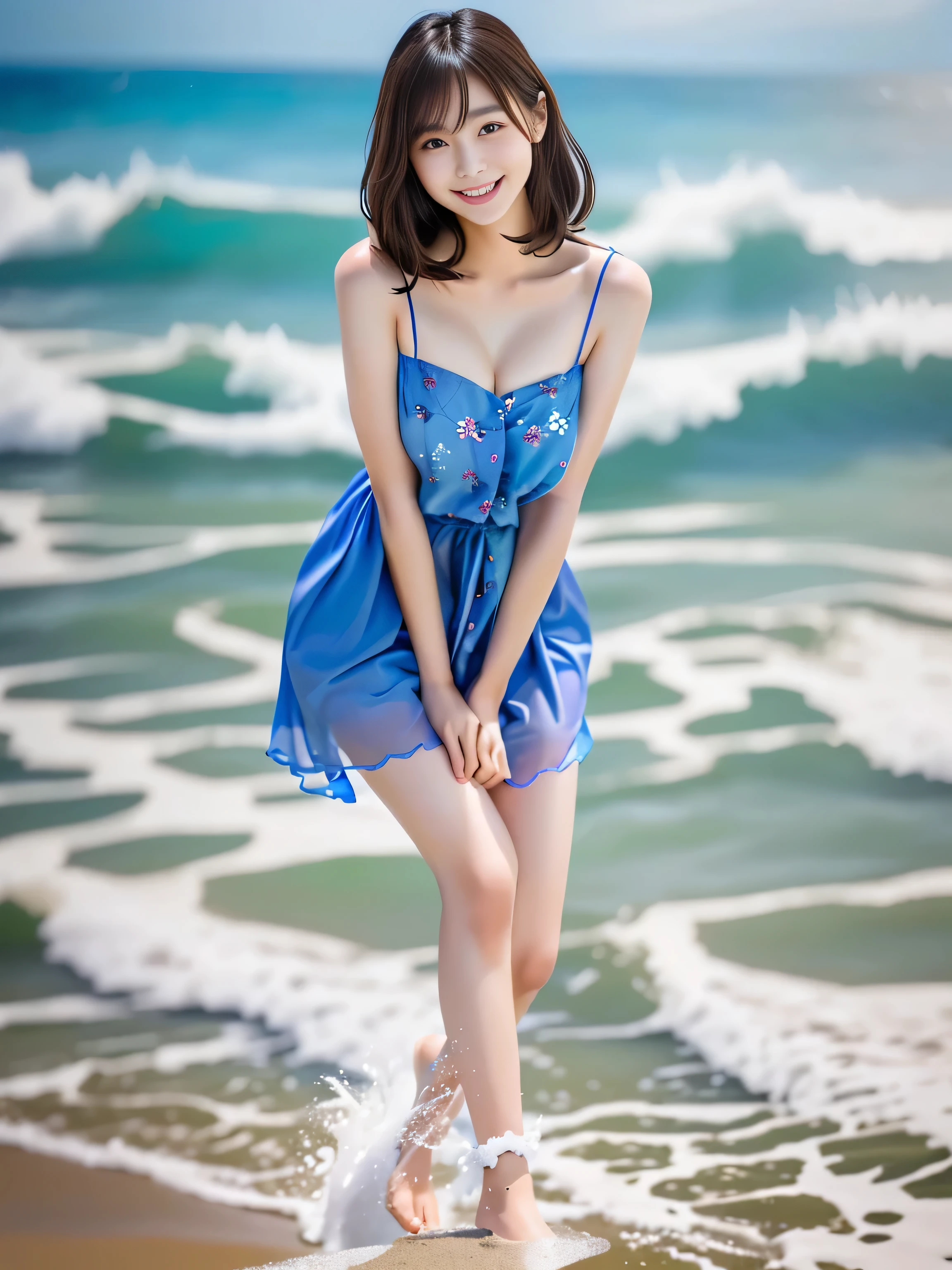 Photo-realistic quality、A 20-year-old Japanese woman in a dress stands at the edge of the beach., Waves washing over her feet、Beautiful Japan, Beautiful girl model, Beautiful woman, Posing on the beach by the sea, Cute seductive smile, Gorgeous Japanese Model, a Cute young woman, Cute young woman, Gorgeous Young Japanese Woman, Young and cute, Lovely lady, Beautiful model、looking at the camera、Detailed and beautiful eyes、Cute smile、Relaxed and gentle expression