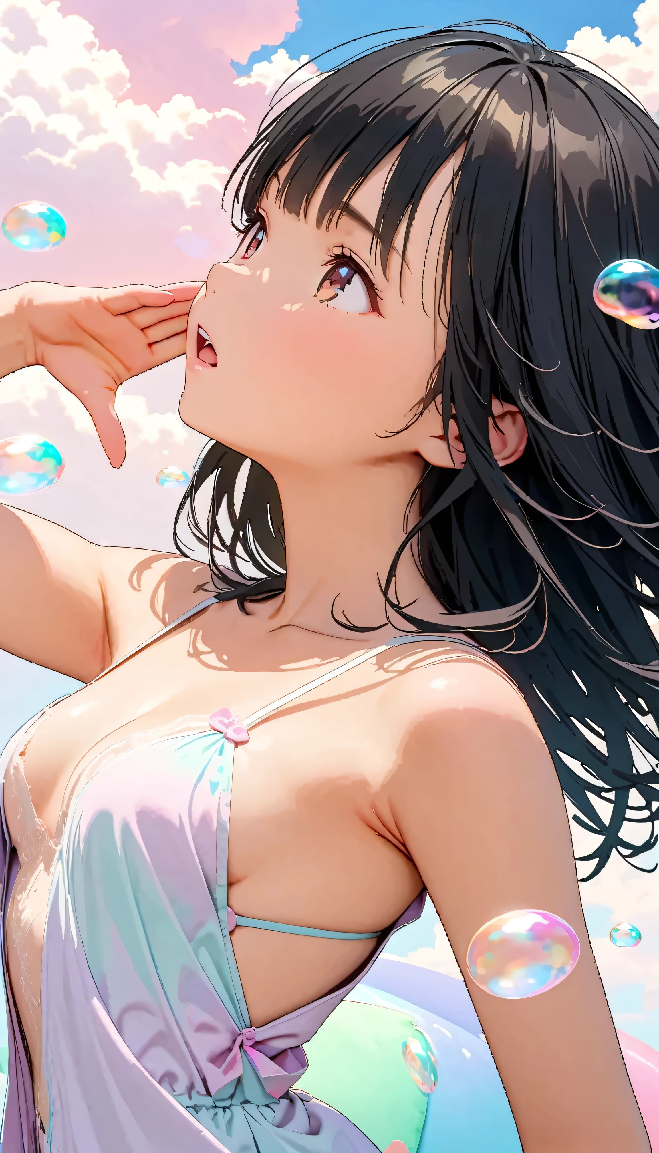 Best Quality, Super Fine, 8k, Unbelievably absurd, Very detailed, 2.5D, Beautiful Goddess, Soap bubbles, Pastel colored clouds, Sunshine, Pop Art, Delicate and dynamic, Pastel Color Fantasy, Black Hair, young, Small breasts, Official Art