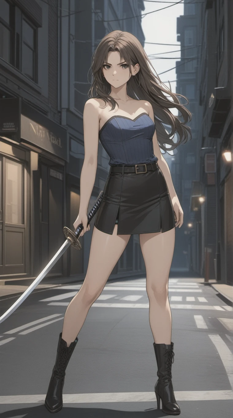 (((Adult woman)): (small black mini skirt, strapless blue top, Black eyes, showing the whole body, brown skin, ((Black wavy hair)), High heel Beige boots. Closed mouth)); full body shot, running at street, Raccon Police Department background (RPD). High quality. 4k, 8k, many details. Masterpiece, accurate, anatomically correct, posing, detailed background, better quality, original work Focus on details, Jill Valentine, empty street, Front view, nightmare, holding a katana sword, at night