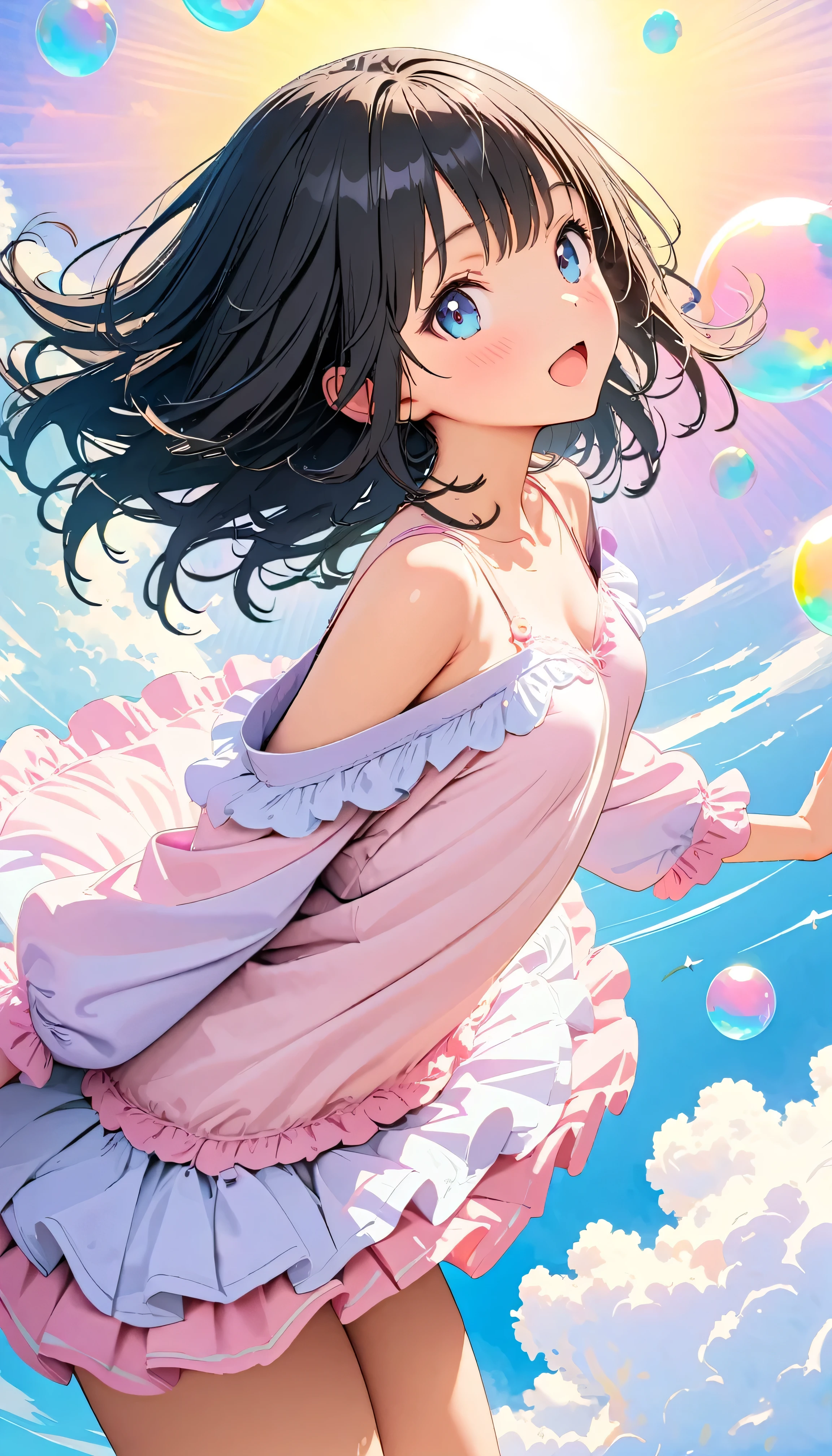 Best Quality, Super Fine, 8k, Unbelievably absurd, Very detailed, 2.5D, Beautiful Goddess, Soap bubbles, Pastel colored clouds, Sunshine, Pop Art, Delicate and dynamic, Pastel Color Fantasy, Black Hair, young, Small breasts, Official Art