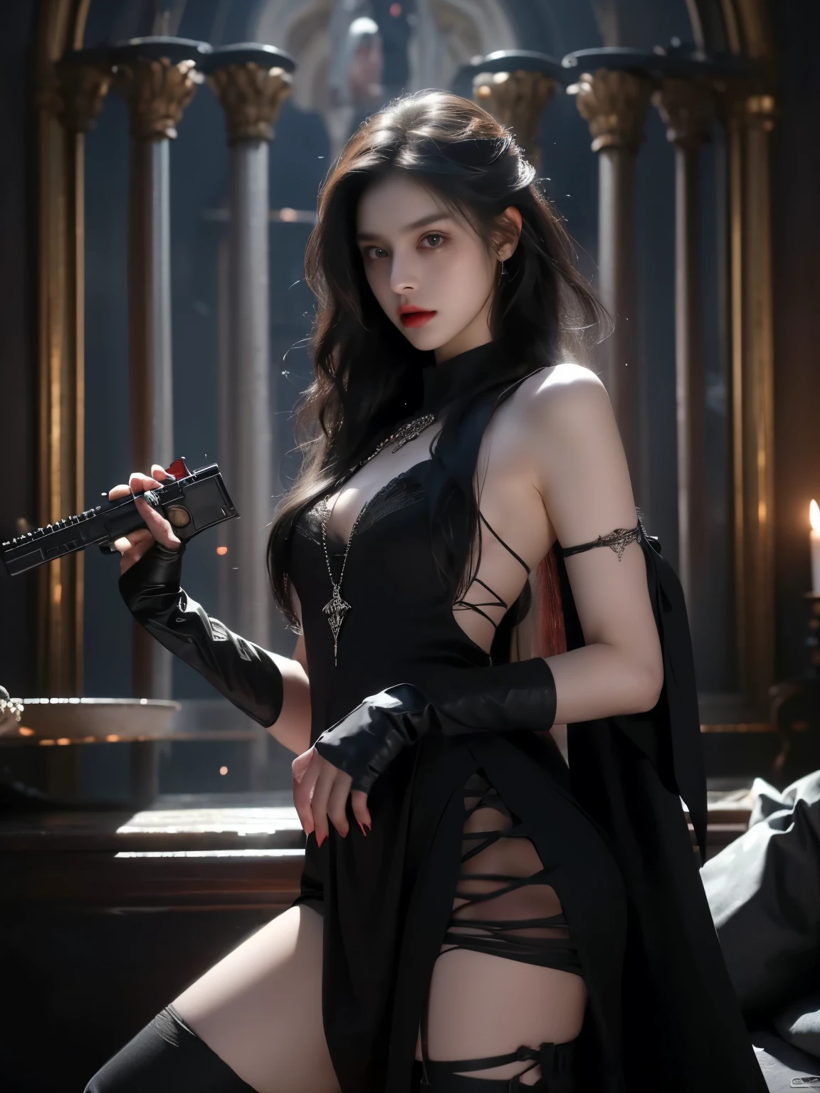 A girl posing standing holding a video game gun for a photo, She has long black hair, She wears a short strappy dress and accessories, She is wearing high black ankle boots and fingerless gloves.. Vampire style, Resident evil style, sexy and cute.