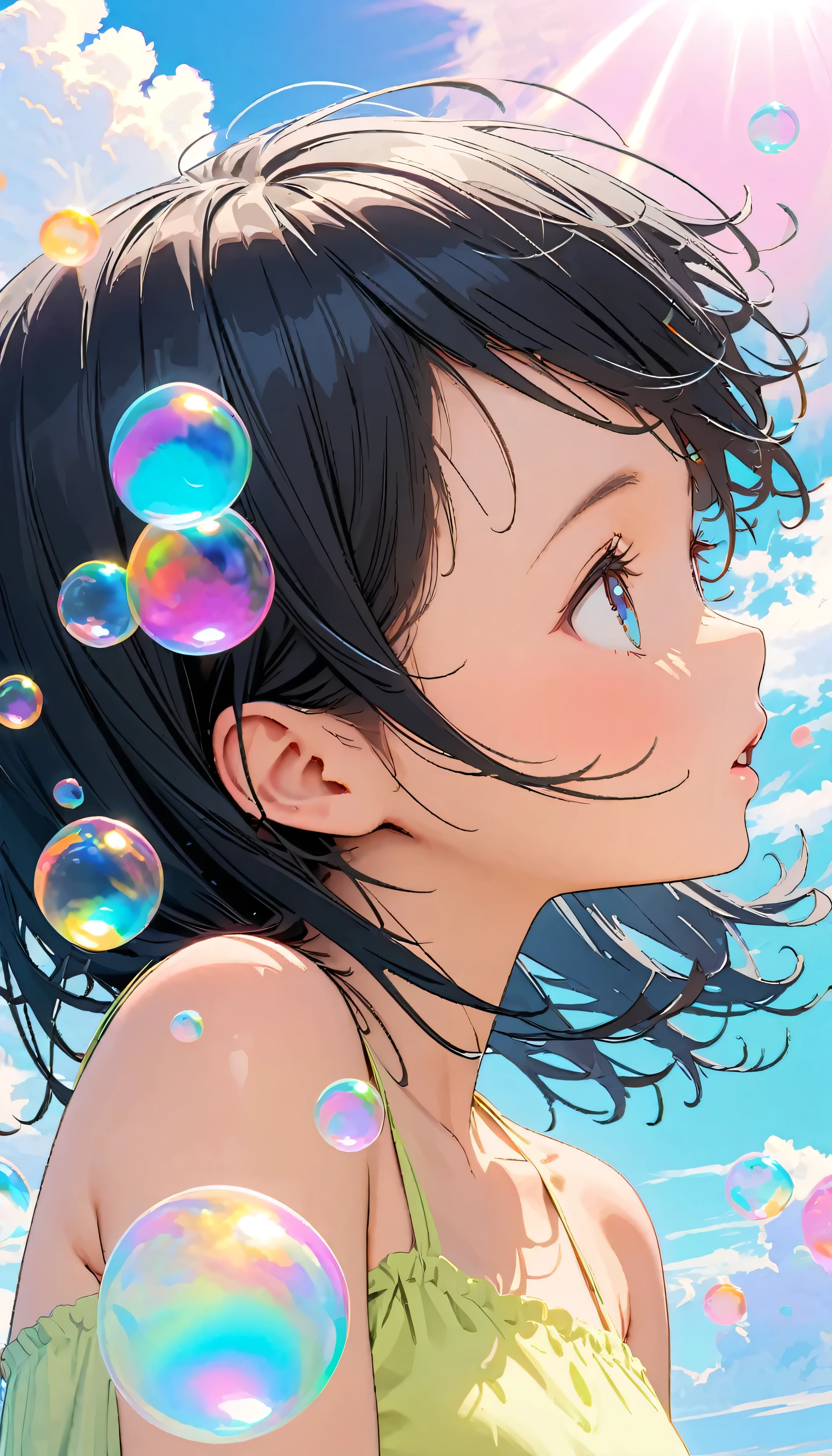 Best Quality, Super Fine, 8k, Unbelievably absurd, Very detailed, 2.5D, Beautiful Goddess, Soap bubbles, Pastel colored clouds, Sunshine, Pop Art, Delicate and dynamic, Pastel Color Fantasy, Black Hair, young, Small breasts, Official Art