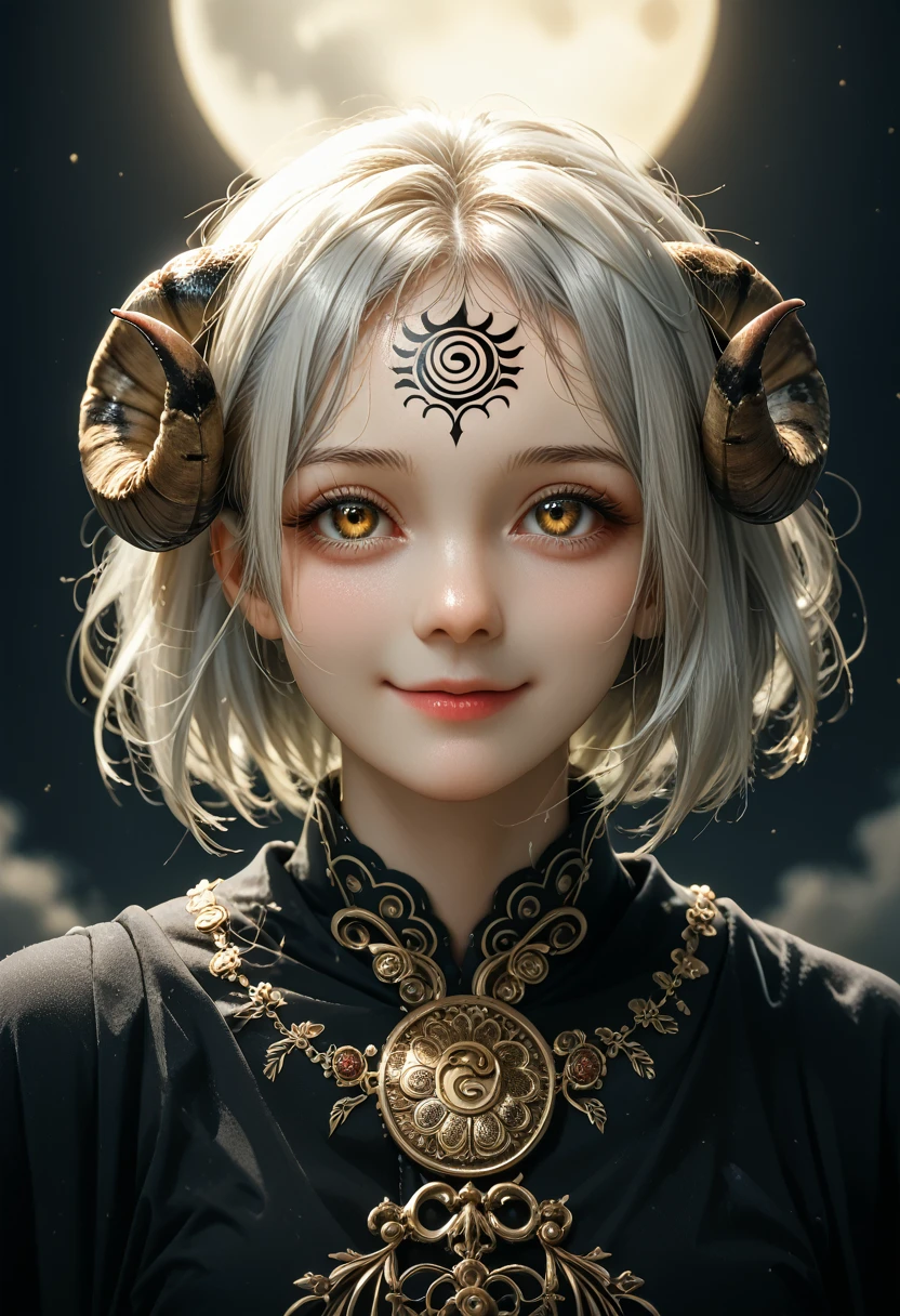 masterpiece。Best Quality, High resolution, 1 girl, Hayasaka Moon, Face close-up。Beautiful Sheep Golden Eyes。short hair。Serious expression。Black robe with gold patterns。Being alone。Gray Hair,forehead。Forehead tattoo。Curled horns like a sheep。 smile