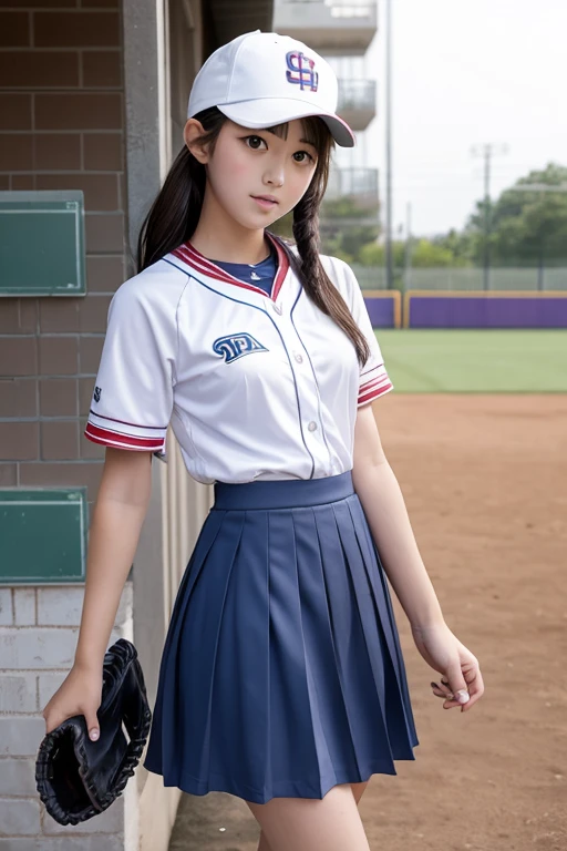 1 girl, alone, Japanese Girls, Junior high school girl、12 years old, (highest quality, Realistic, High resolution, 8k, Very detailed, Detailed face, Shiny skin), Black Hair, ragged bangs, ponytail,smile,(Full Body Shot),Cheerleader uniform,Are standing,Baseball Stand,The face is looking at the viewer,Perfect hands,Perfect legs,I have a pom-pom,A dynamic pose