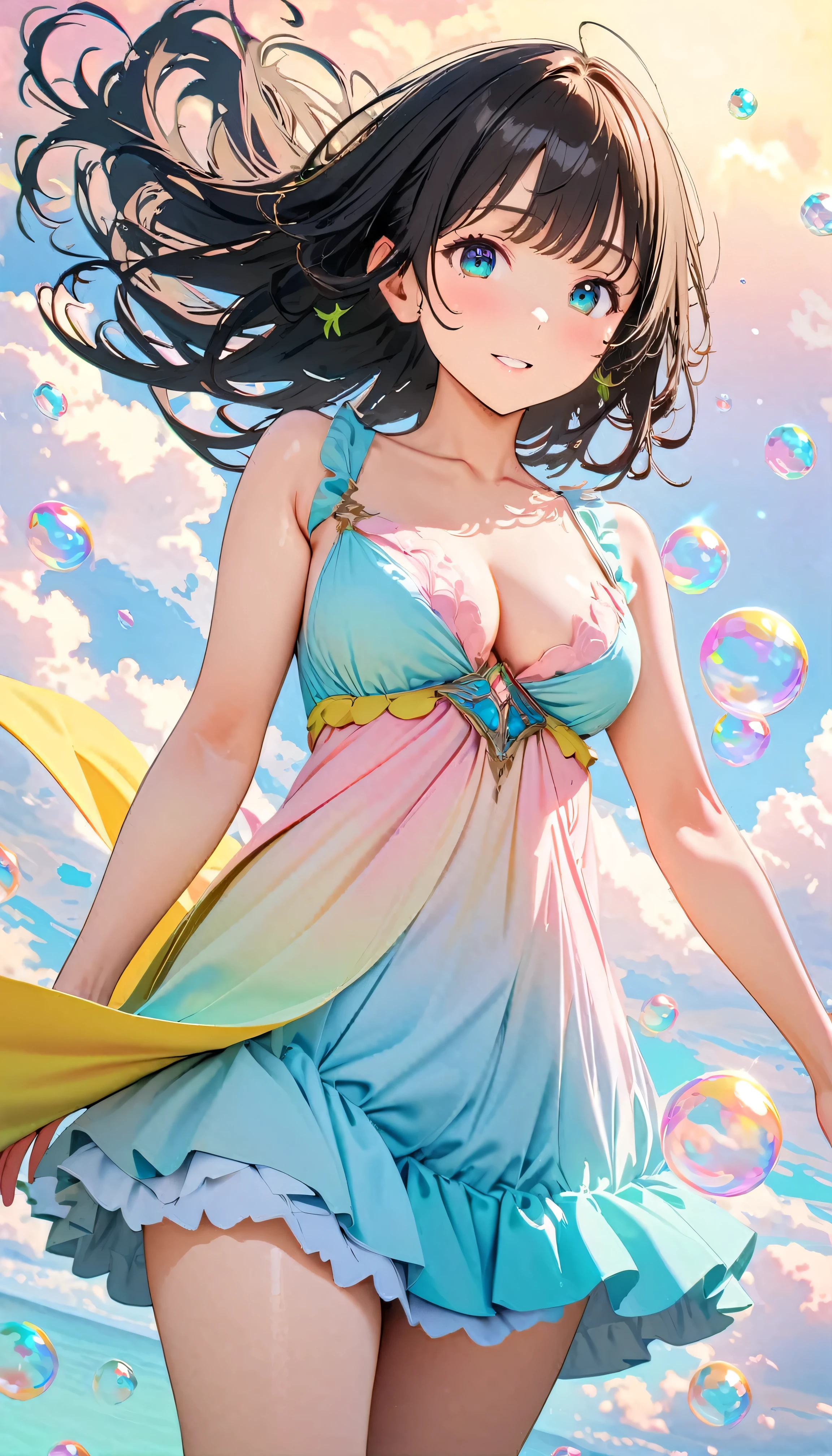 Best Quality, Super Fine, 8k, Unbelievably absurd, Very detailed, 2.5D, Beautiful Goddess, Soap bubbles, Pastel colored clouds, Sunshine, Pop Art, Delicate and dynamic, Pastel color fantasy, Black Hair, Official Art