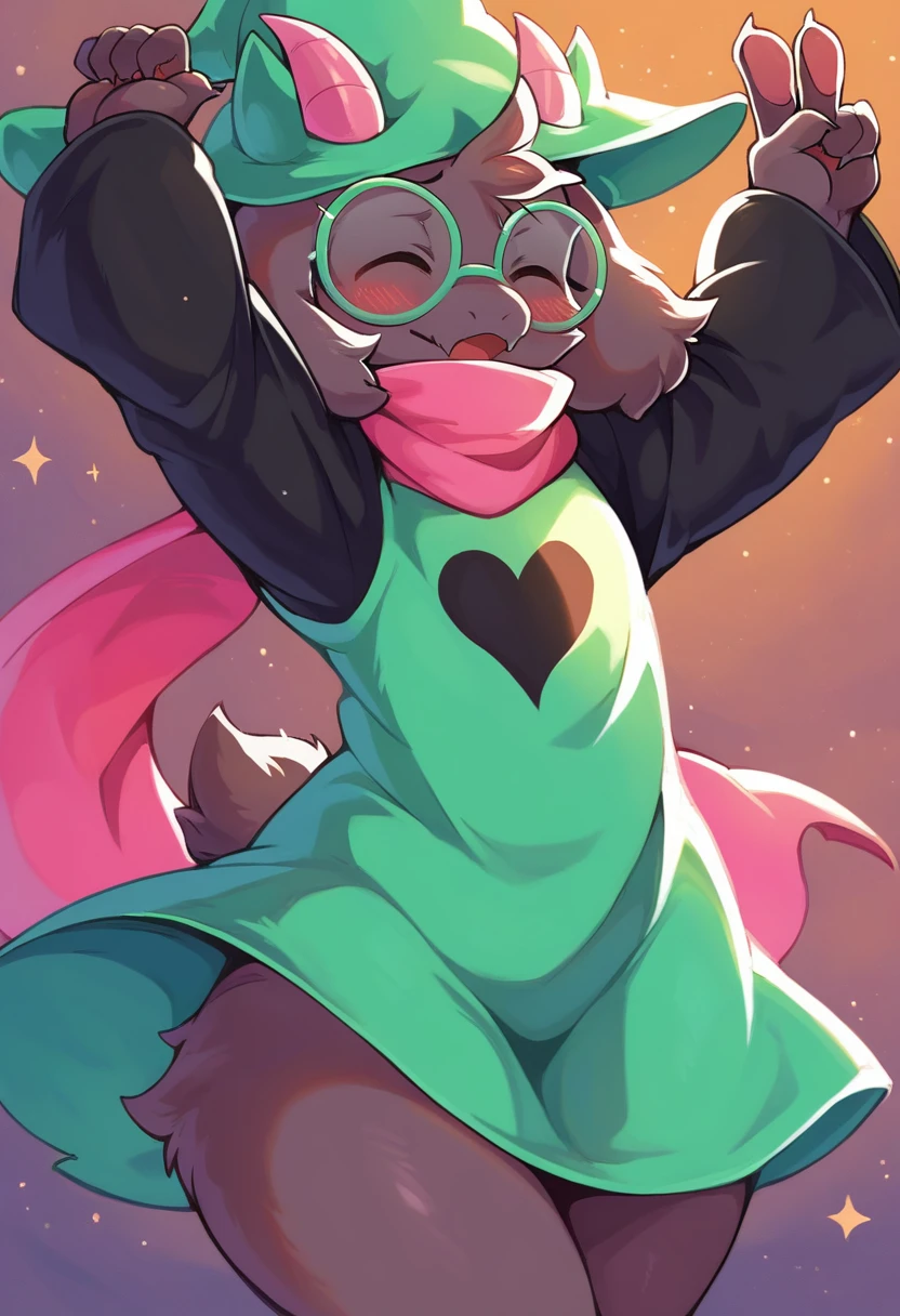  (score_9, score_8_up),furry, fur, face, Ralsei(deltarune), goat, dark fur, pink horns, black sleeves, cute, green glasses, hat, green shirt, standing, arms up with his hands doing the peace sign,pink scarf,closed eyes, happy, smug face, bending over, wide hips, rear view, {{Artist: %zankuro%}},  1furry, solo, blushing, male, 