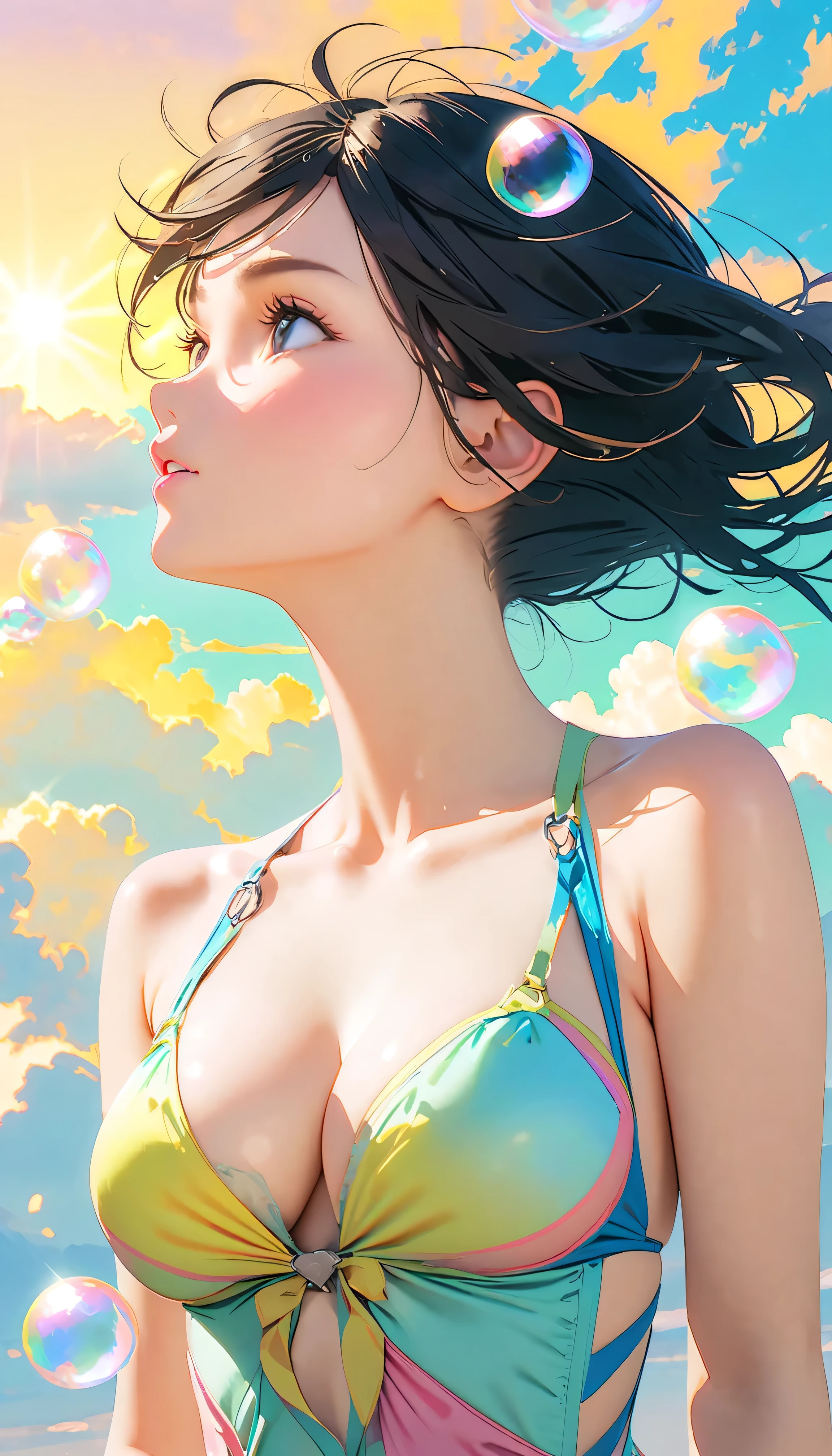 Best Quality, Super Fine, 8k, Unbelievably absurd, Very detailed, 2.5D, Beautiful Goddess, Soap bubbles, Pastel colored clouds, Sunshine, Pop Art, Delicate and dynamic, Pastel color fantasy, Black Hair, Official Art