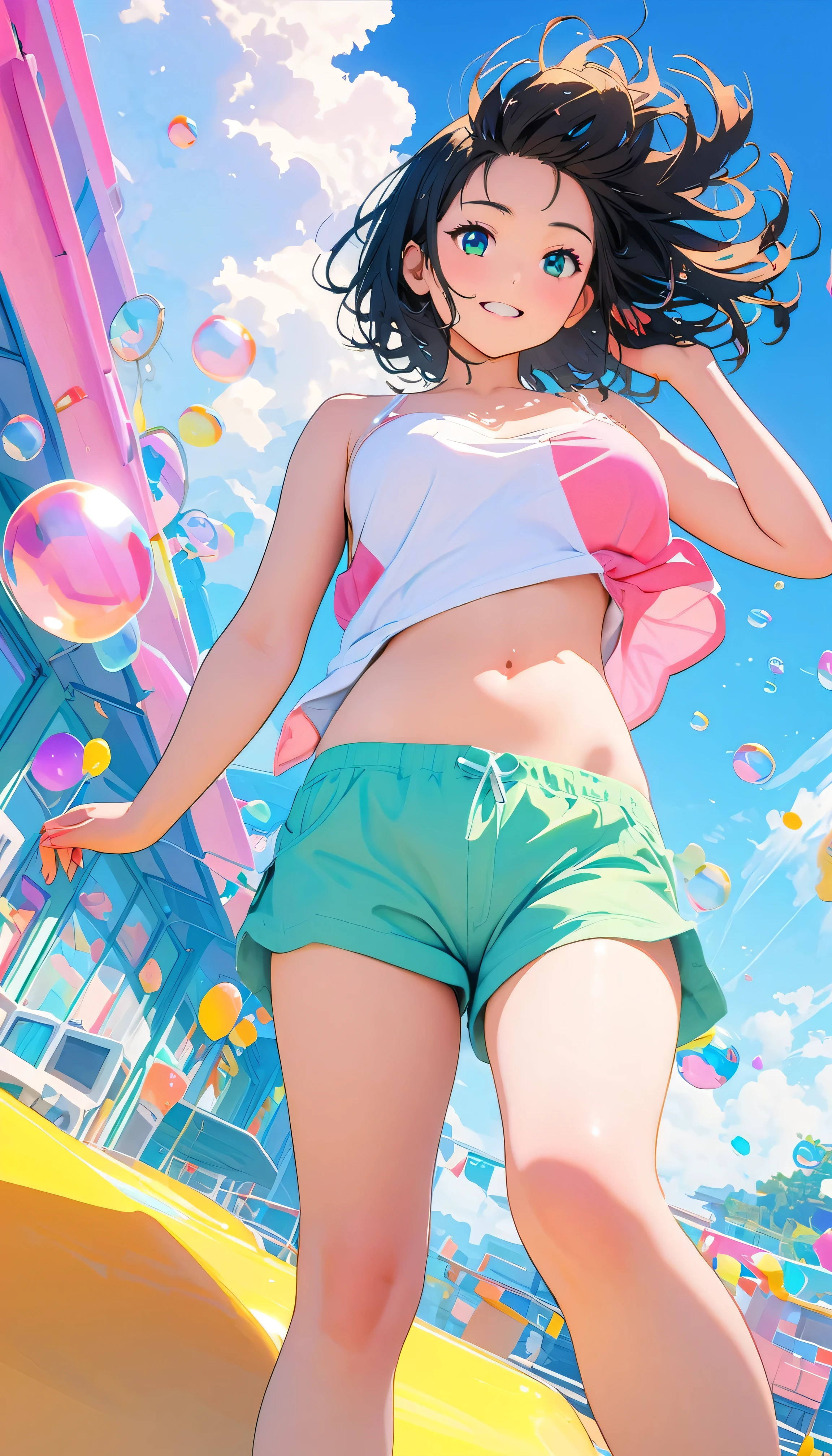 Best Quality, Super Fine, 8k, Unbelievably absurd, Very detailed, 2.5D, Beautiful Goddess, Soap bubbles, Pastel colored clouds, Sunshine, Pop Art, Delicate and dynamic, Pastel color fantasy, Black Hair, Official Art