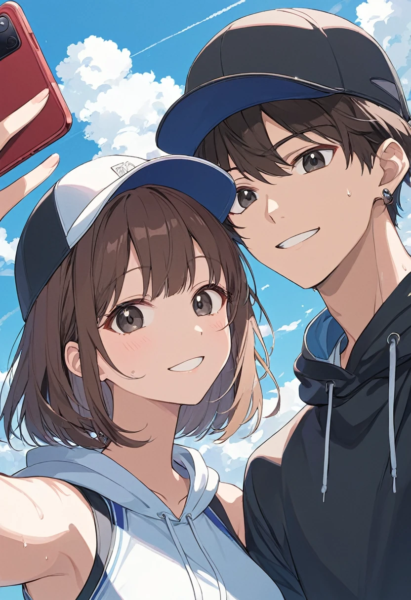 Anime Style,Couple taking a selfie,Wear a cap,Brown Hair,Short Bob,Blowing in the Wind,Black Eyes,Shining Eyes,Shining Eyesのハイライト ストリートダンサーの衣装,Wear a sports bra,Put on a black hoodie,Sweat,Smug face Emphasizing women,Background is a painted wall,Low Angle Masterpiece,Best Quality,Exquisite,8k,Absurd,Ultra-detailed illustrations,(Watch the audience)