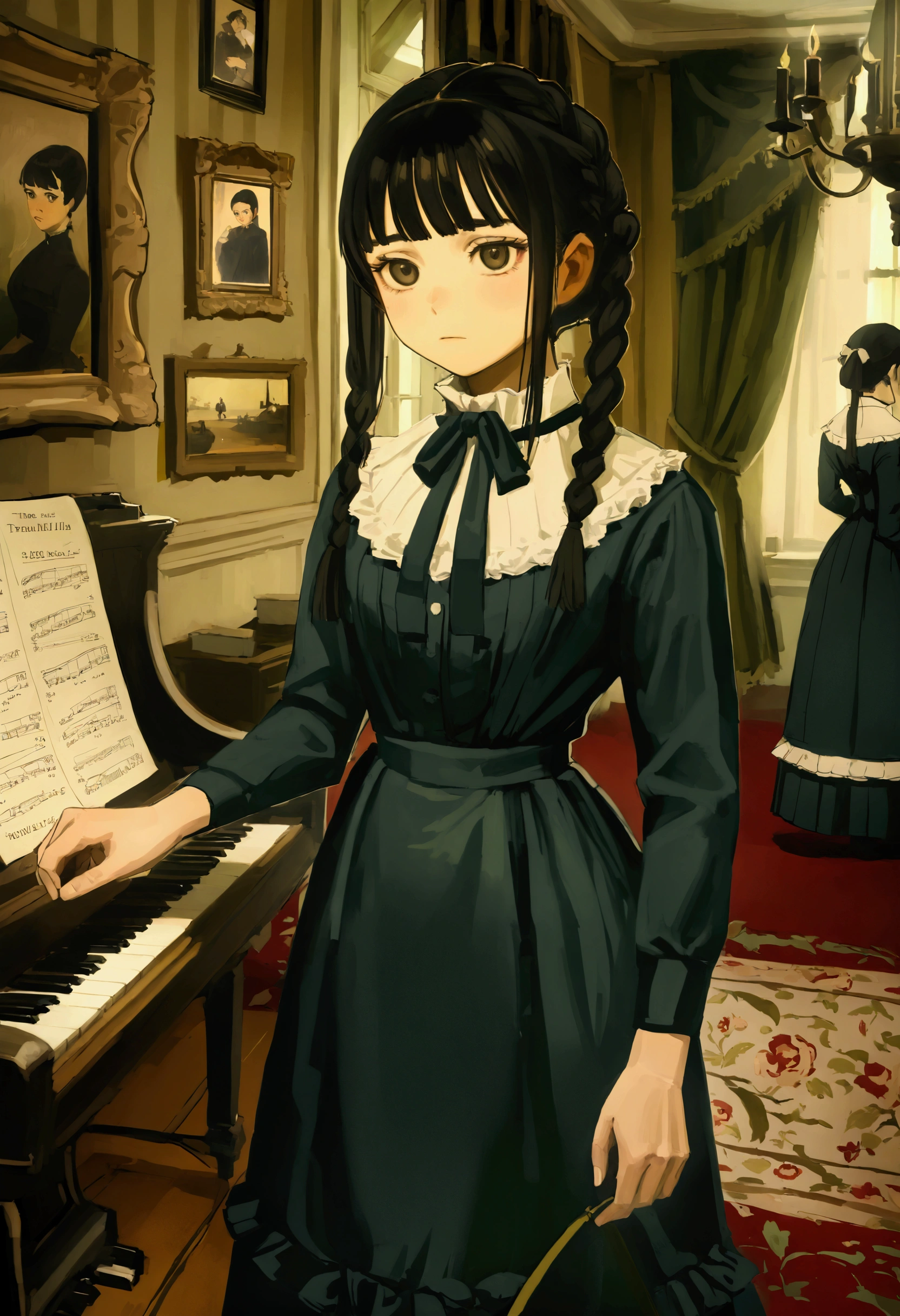 score_9, score_8_up, score_7_up, score_6_up, 1girl, black hair, blunt bangs, nervous, Victorian clothing, best quality, aesthetic, detailed, by iwzry, by solipsist
