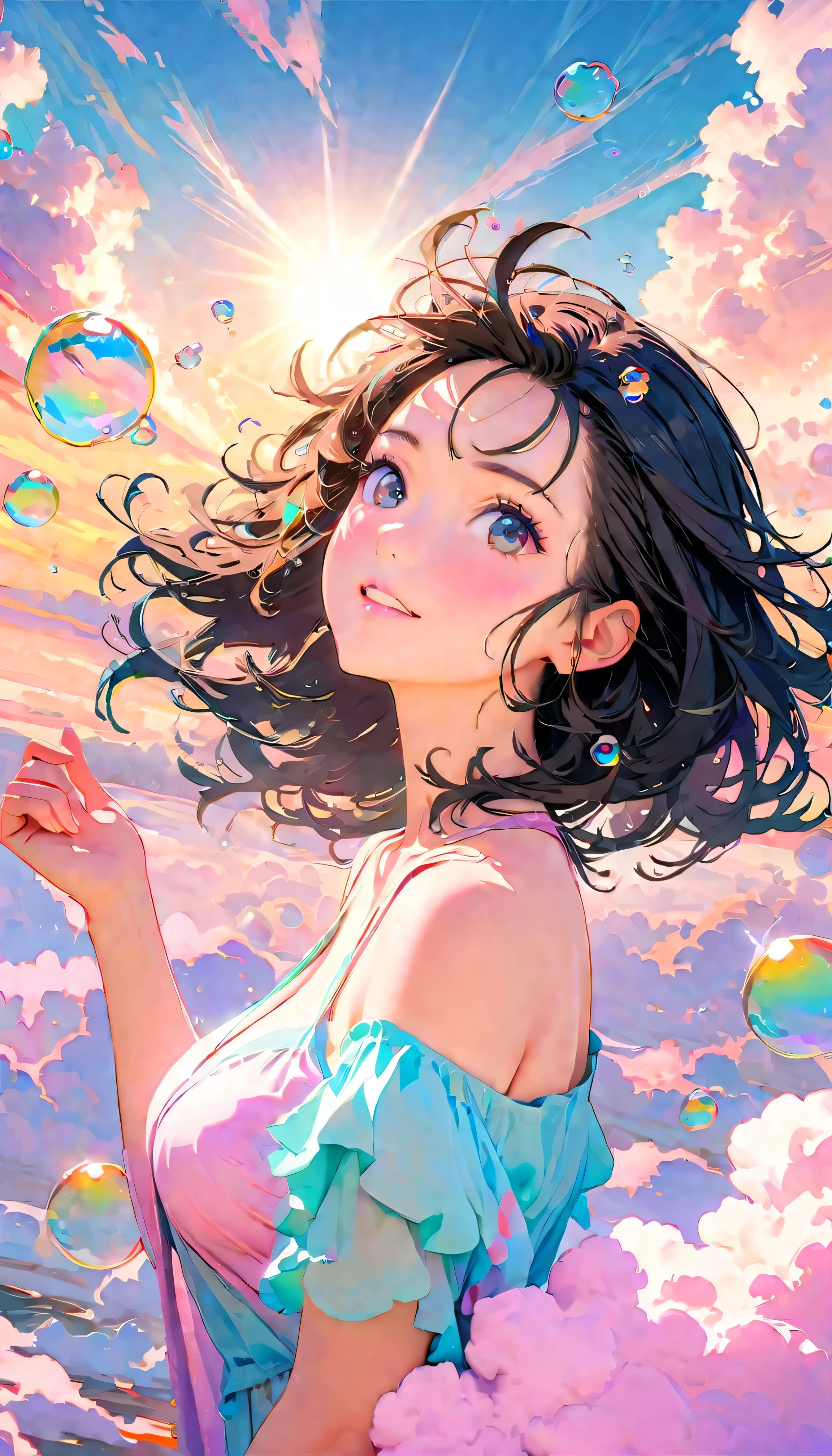 Best Quality, Super Fine, 8k, Unbelievably absurd, Very detailed, 2.5D, Beautiful Goddess, Soap bubbles, Pastel colored clouds, Sunshine, Pop Art, Delicate and dynamic, Pastel color fantasy, Black Hair, Official Art