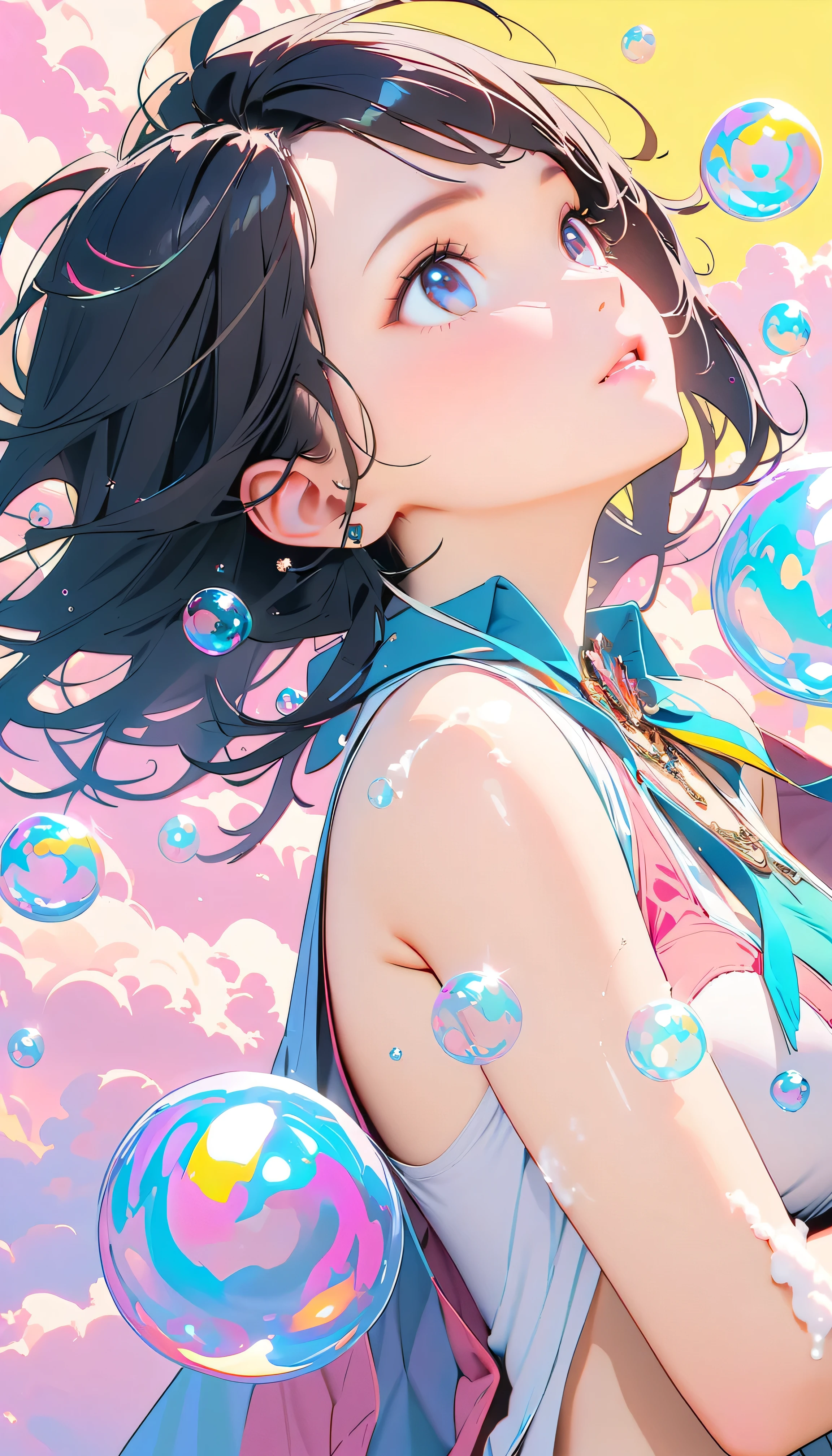 Best Quality, Super Fine, 8k, Unbelievably absurd, Very detailed, 2.5D, Beautiful Goddess, Soap bubbles, Pastel colored clouds, Sunshine, Pop Art, Delicate and dynamic, Pastel color fantasy, Black Hair, Official Art