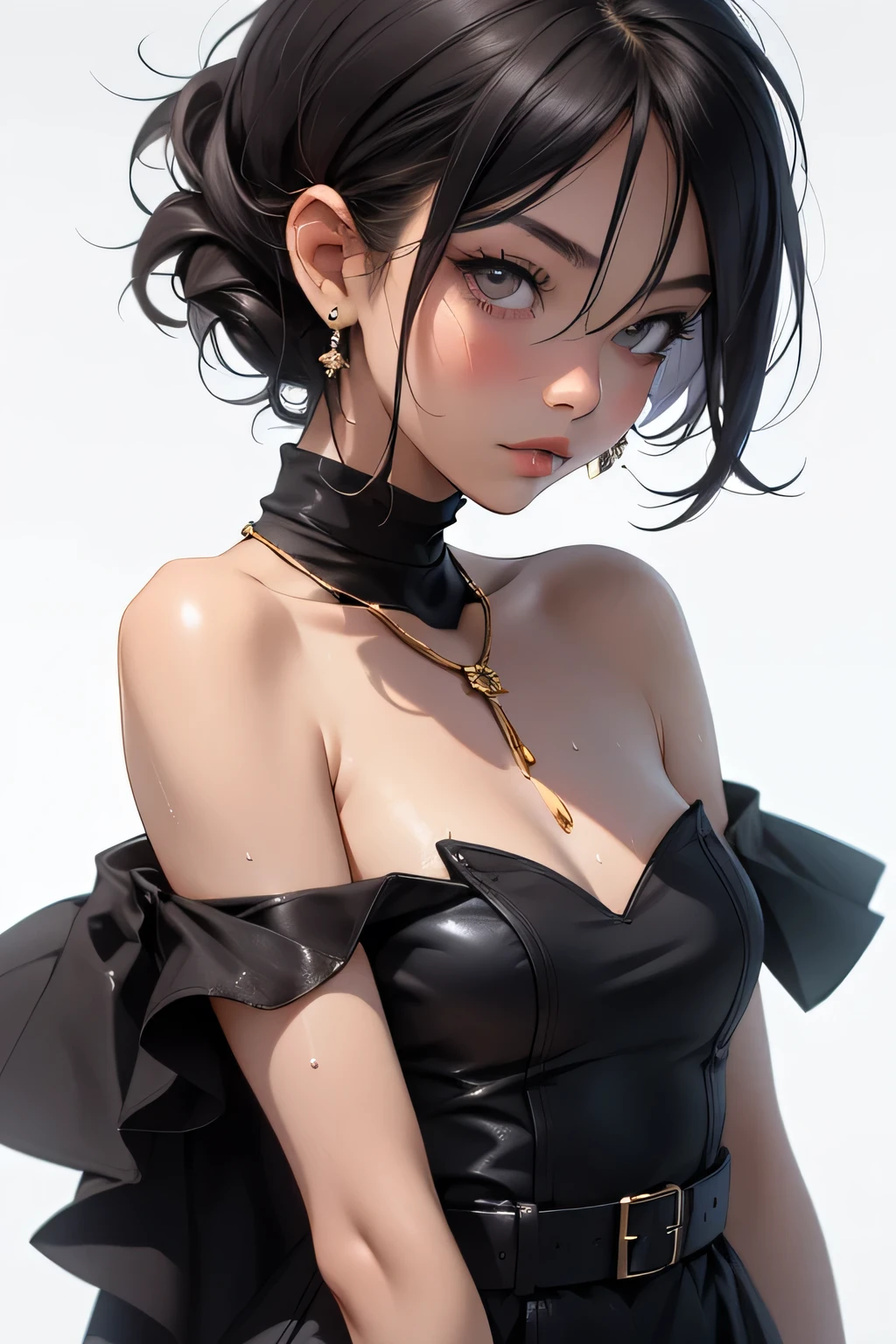 ((masterpiece, high resolution, best quality, Attention to detail)), 20 year old female, Upper Body, short hair, Avant-garde makeup, Grunge fashion, dispute, Intertwined, flow, Abstract Design, anime style, Simple lines, number,((Very large breasts)),((Grooves reveal original skin))