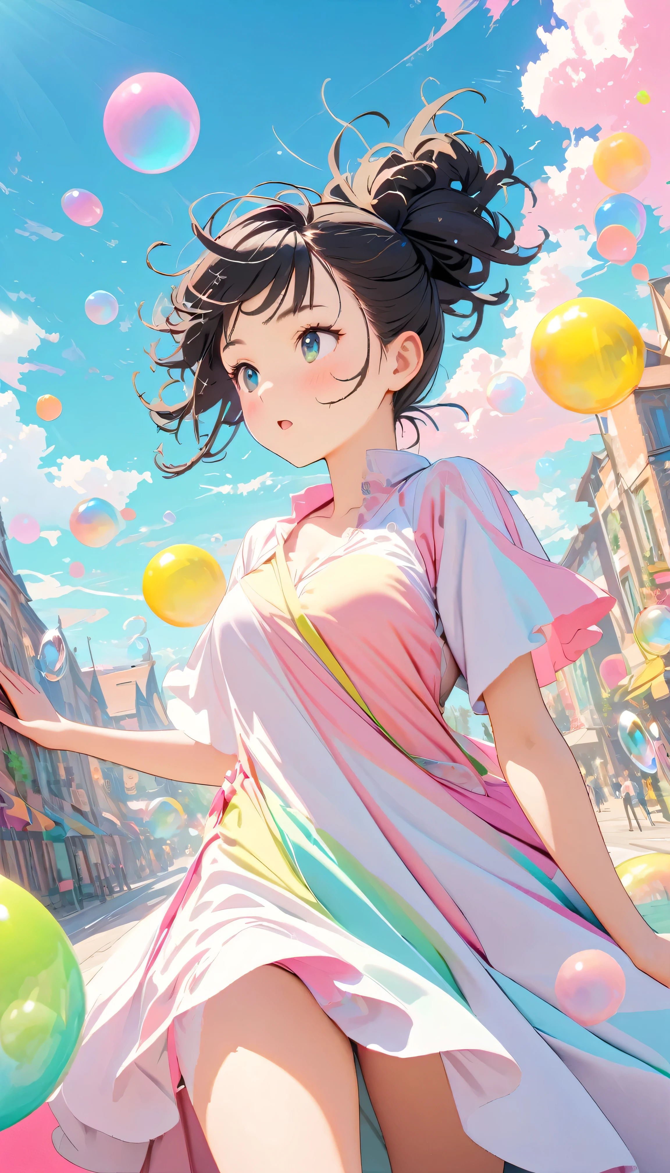 Best Quality, Super Fine, 8k, Incredibly absurd, Very detailed, 2.5D, Beautiful Goddess, Soap bubbles, Pastel colored clouds, Sunshine, Pop Art, Delicate and dynamic, Pastel color fantasy, Black Hair, Official Art