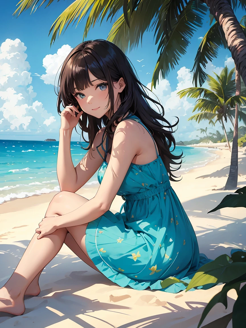 (Optimal lighting, The best shadow, masterpiece, high quality), rich and colorful, Lively, Summer feeling, Many bright colors, Beautiful woman in light summer clothes, Loose hair, Sitting in the clear sea water、White sand beach, Bright blue sky.