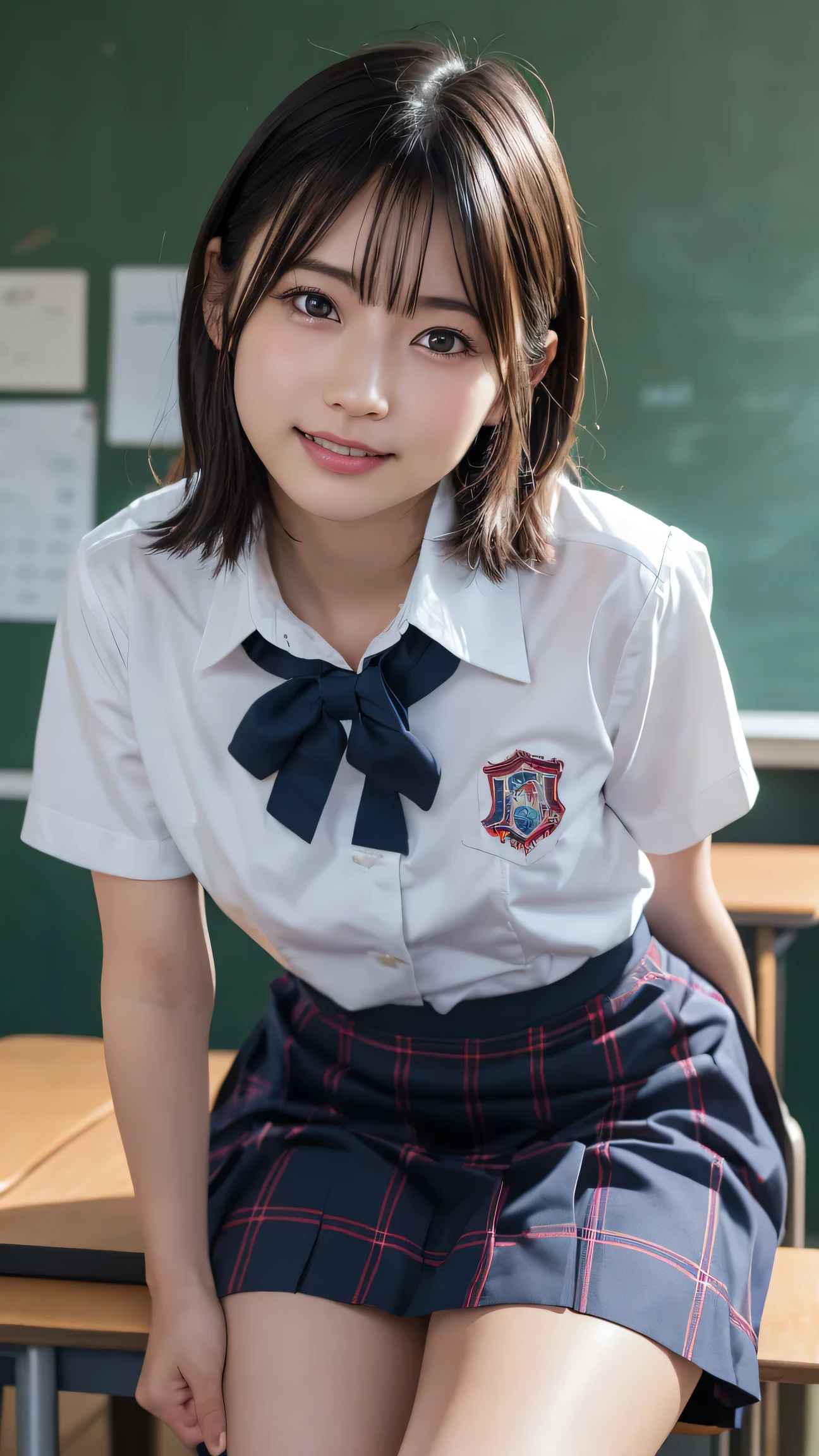 In the classroom、self-introduction、Japanese High School Girl、Small breasts、Brown short hair cheeky face、Short sleeve uniform、peace sign