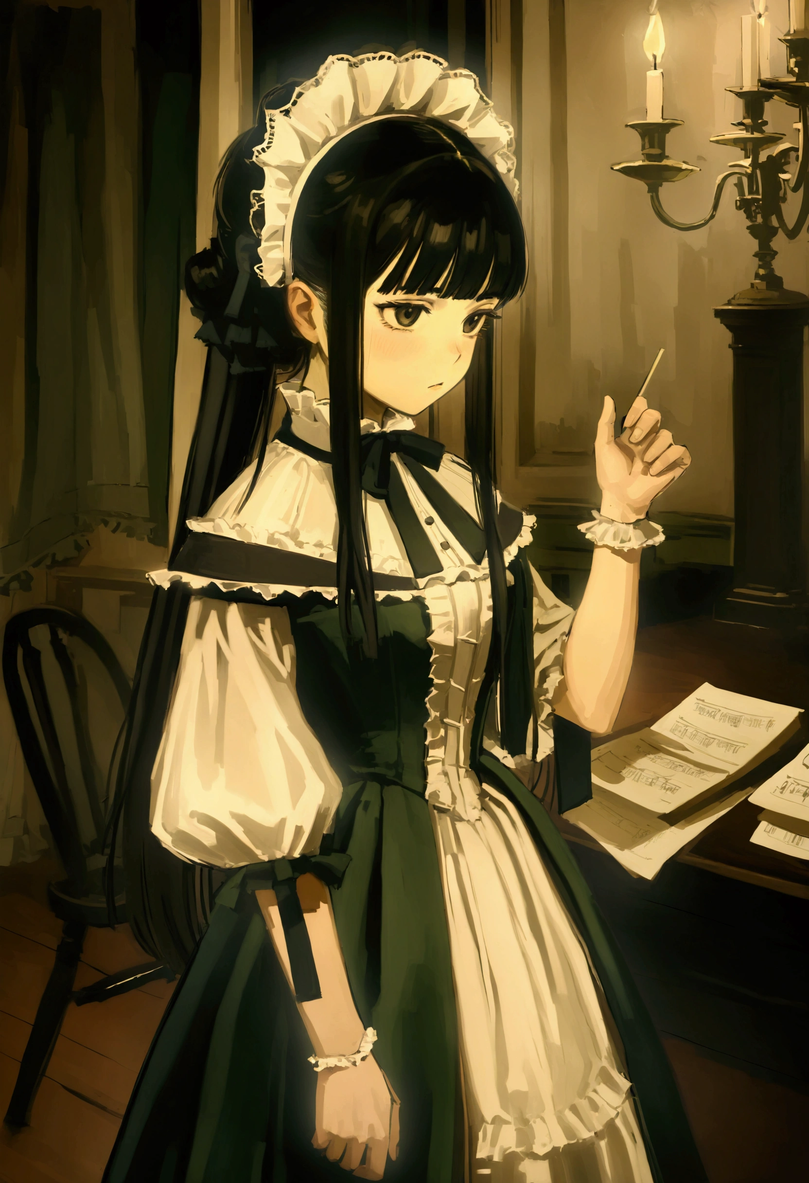 score_9, score_8_up, score_7_up, score_6_up, 1girl, black hair, blunt bangs, nervous, Victorian clothing, best quality, aesthetic, detailed, by iwzry, by solipsist
