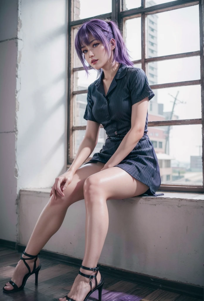 high resolution, official art, ultra detail, long hair, kneeling on train seat, front view, panty shot, feet on seat, absurd, blue eyes, in a ponytail, purple hair, hair bow, skirt, shirt, thighs, blush,