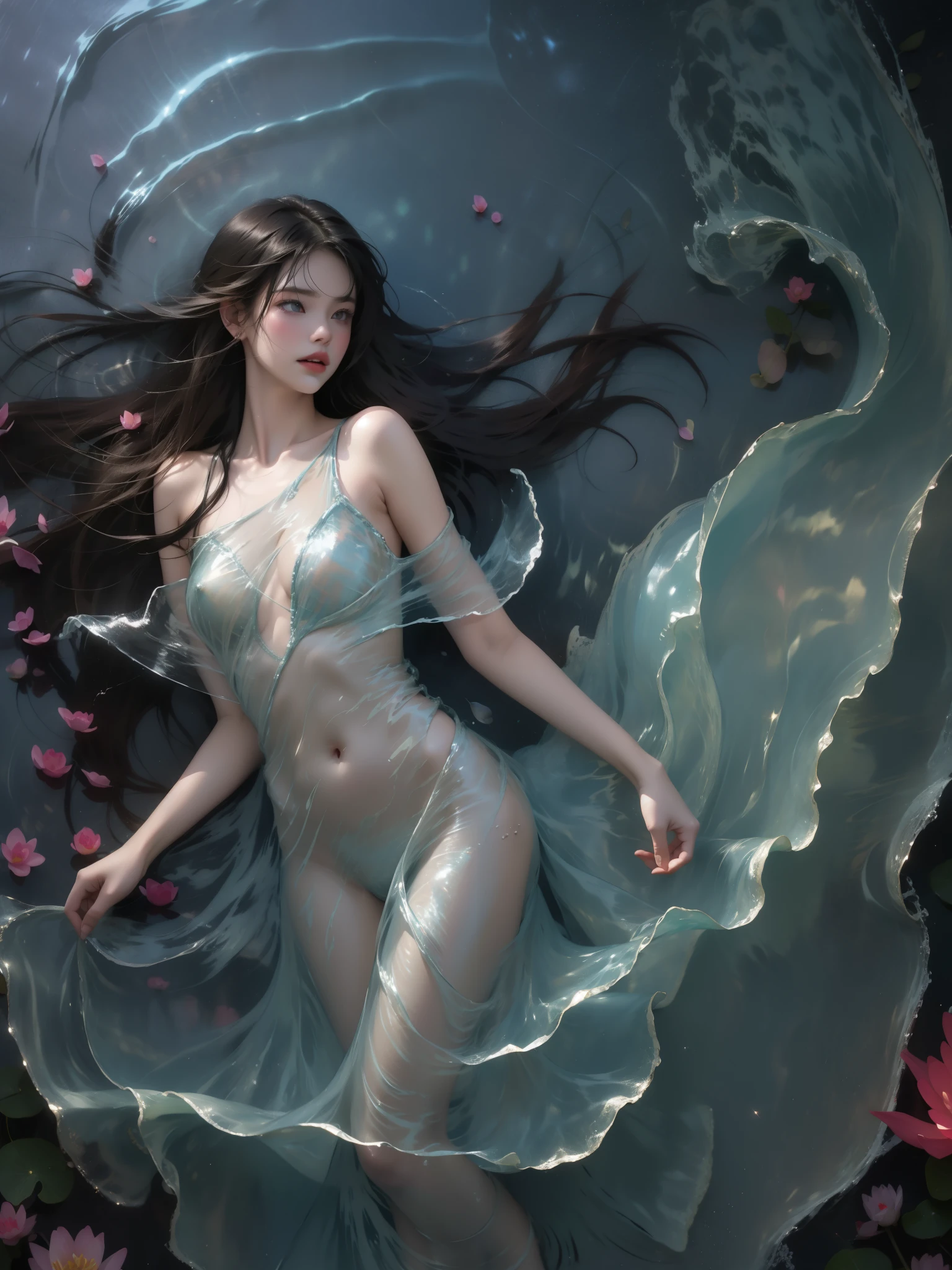 liquid clothes, water, 1girl, pose in water, black night, evening, fireflies, moonlit lake, long flowing hair, ethereal glow, shimmering water surface, soft ripples, starry sky, misty atmosphere, delicate facial features, serene expression, translucent dress, bare shoulders, pale skin, water lilies, reflections in water, dreamy and mysterious mood, high detail, photorealistic, cinematic lighting