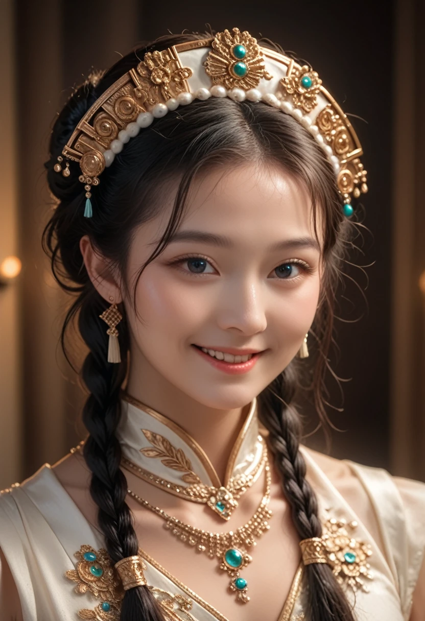 , long braids, Tibetan girl, close-up, slightly raised head, smile, portrait photo, upper body, appearance yang transcendence, magnificent tibetan costume, bulky tibetan necklace, bulky Tibetan headdress, fluff on clothes, white animal flul, real person CG, sweet style, Film style, HD 4k