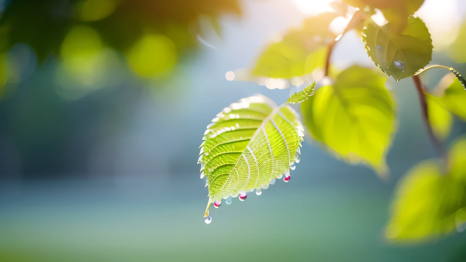 Summer Dream,Translucent leaves,Dreamy lighting,Droplets scattered in the air sparkle in the sun,High resolution,detailed,Best Quality