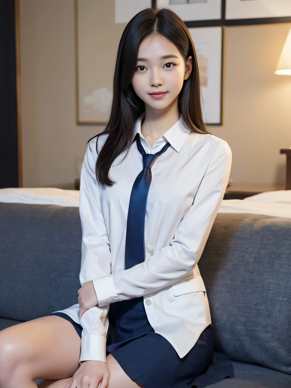 Korean school uniform、summer school uniform shirt、tight shirt、ribbon tie、skirt made of、School、School的楼梯、Emphasis on placing arms in front of chest、Slender and long、8K RAW photos、high resolution、age:18 、Japanese、Incision eye、very large round breasts、Beautiful eyes are meticulous、long eyelashes、beautiful double eyelids、eye shadow、Eyeliner、slender eyes、elongate eye shape、Three white eyes、Beautiful and thin legs、Beautiful and thin thighs、Random Shorthair、tie hair back、earrings、light brown hair、(wearing pantyhose)、Thighs are very、Smile、mouth slightly open