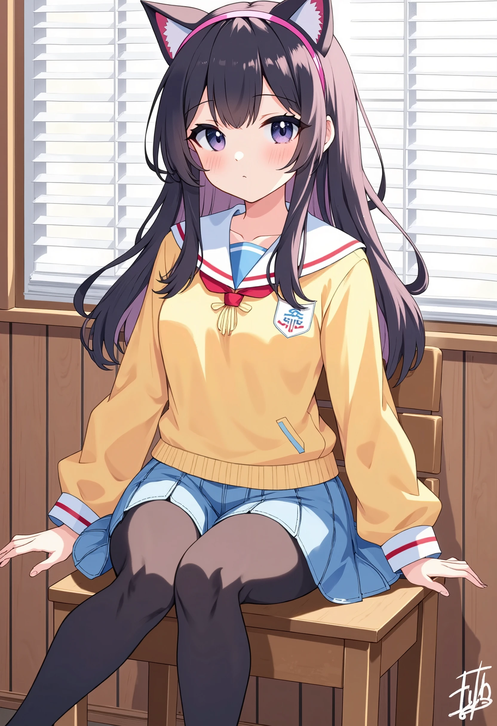 1girl,a young woman with long dark hair and a pink cat ears headband sits on a wooden chair in a room with wooden paneling and a window with white blinds. she wears a yellow school uniform with a red and white collar, a blue skirt, and black tights. the lighting is soft and natural, casting a gentle glow on her face and highlighting her features.