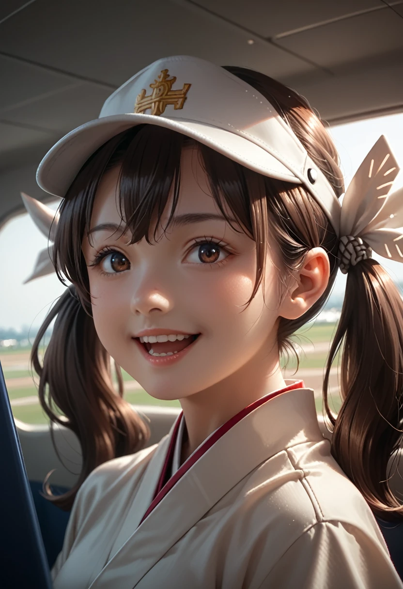 1 girl, ryuujo (kancolle), One, brown hair, twintails, brown eyes, cap with a visor, correct, open mouth, Airplane, smile, Airplane, white background, japanese clothes, simple phonego post, upper body, long hair