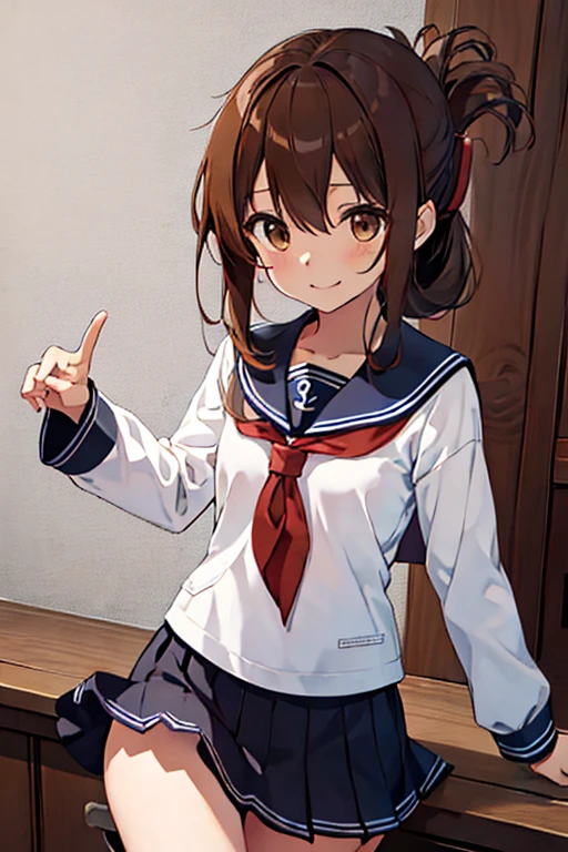 Best Quality, masterpiece，High resolution, youngとても小さな少女一人, {inazuma_Kantai Collection:1.15}, 茶色のhair, folded_ponytail, brown eyes，Seraph, length_hair, red面, open_mouth, smile, young , Chibi，Child body type，Very short stature，Flat chest Thin thighs，Small Ass，anchor_symbol, black_skirt, length_sleeve, look up_in_Viewers, neckerchief, , red_neckerchief, Sailor_collar, School_Uniform，Crafty move，