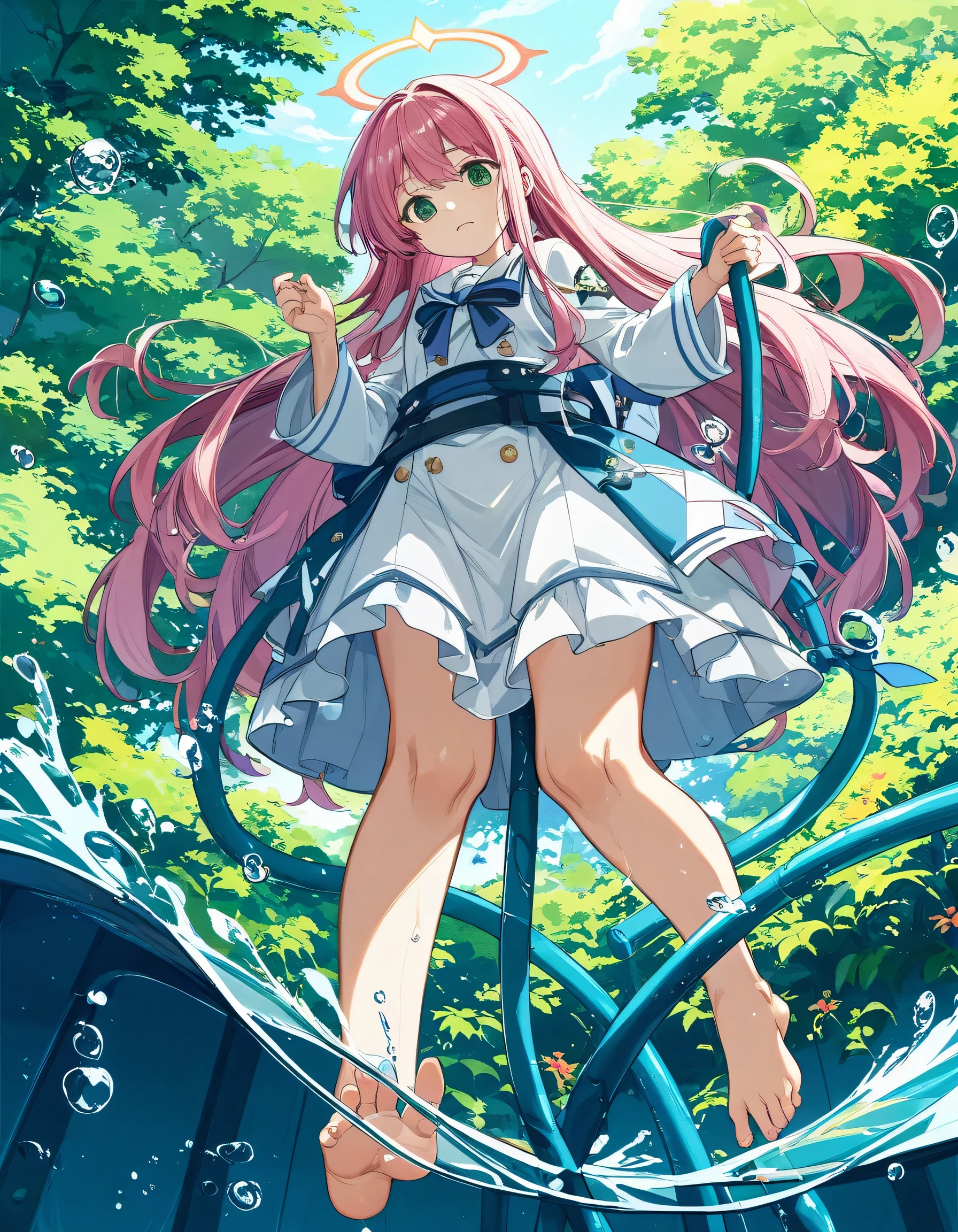 score_9、score_8_up、score_7_up、score_6_up、Source Anime、masterpiece、Best Quality、Super detailed eyes BREAK 1girl、hose、Pink Hair、halo、裸feet、feet、Alone、Long Hair、Toes、chest、Soles of feet、Green Eyes、From below、water、Focus on feet、See who's watching、Big chest、Embrace、water、bangs、shortening、blush、wet、shirt、Bikini、Very Long Hair
