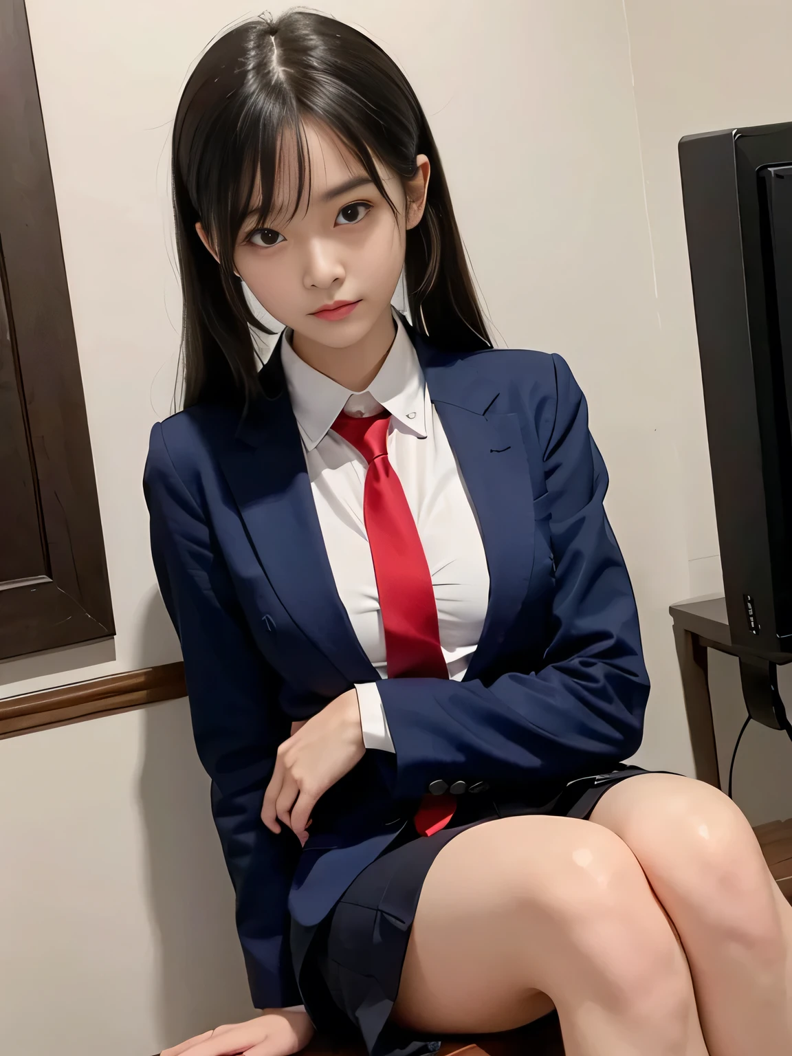 highest quality,Super detailed,masterpiece,Hentai Realism,Photo Rare,Bright lighting,One Girl, Very beautiful 17 year old girl, (cute:1.6),A faint smile, (Brown eyes),(Dark brown hair),(With bangs),Perfect Glowing Skin,Perfect Skin,((erotic,Sexy and sexually explicit)),((Accurate Pointer，No discomfort)), Big ample breasts,Big breasts, small waist, View your viewers,((Blazer uniform)),((Long sleeve uniform white shirt)),(Navy blue tie),(Navy blue mini skirt、No slits),(((Lift the skirt with your own hands))),(Lifted it himself),(She shows her panties.),Lace and black panties,Panty Focus,(get up,Spread your legs)), socks, (Black socks),(Loafer shoes), During the day,School、classroom、There are desks lined up in the classroom.,School Chair、
