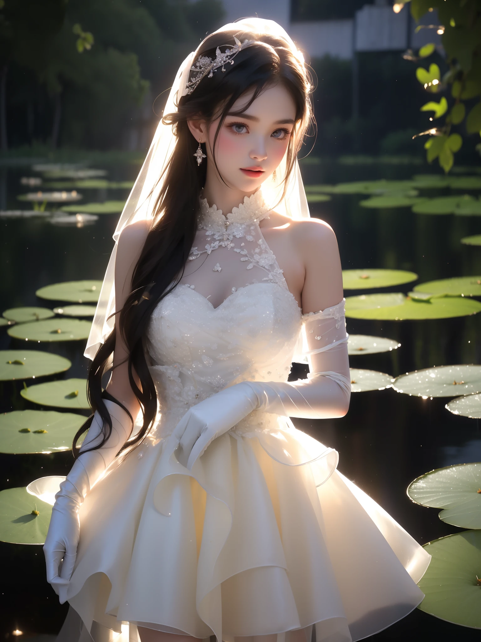 sh0rtj3w3lw3ddr3ss, elbow gloves, short wedding dress, pantyhose, see-through, water, 1girl, pose in water, black night, evening, fireflies, moonlit lake, long flowing hair, ethereal glow, shimmering water surface, soft ripples, starry sky, misty atmosphere, delicate facial features, serene expression, translucent dress, bare shoulders, pale skin, water lilies, reflections in water, dreamy and mysterious mood, high detail, photorealistic, cinematic lighting