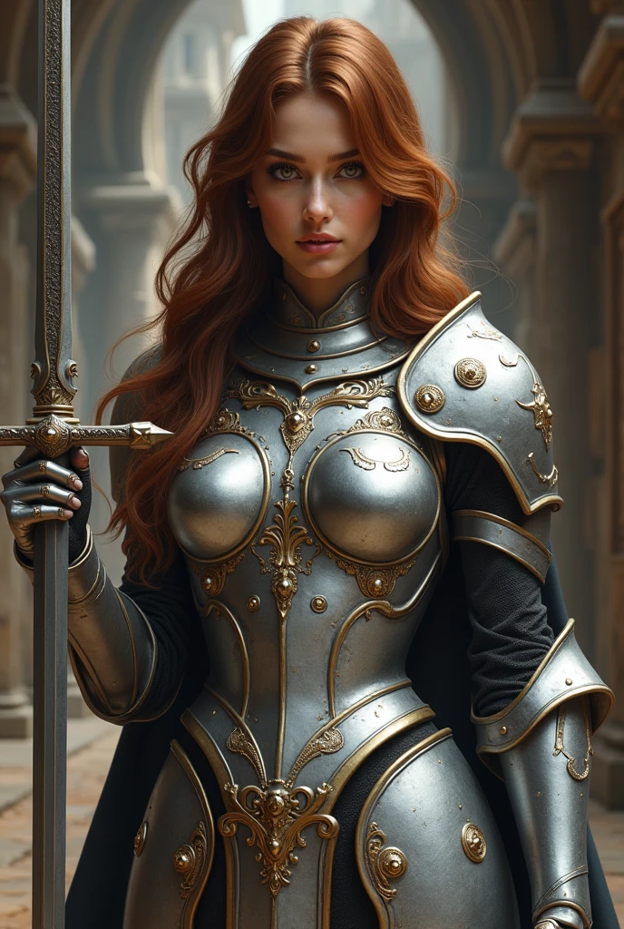 Genera una imagen de una joven hermosa con cuerpo atlético, de ojos marrón claro y cabello castaño. Viste una pequeña armadura de cota de malla, lleva una espada grande y un escudo