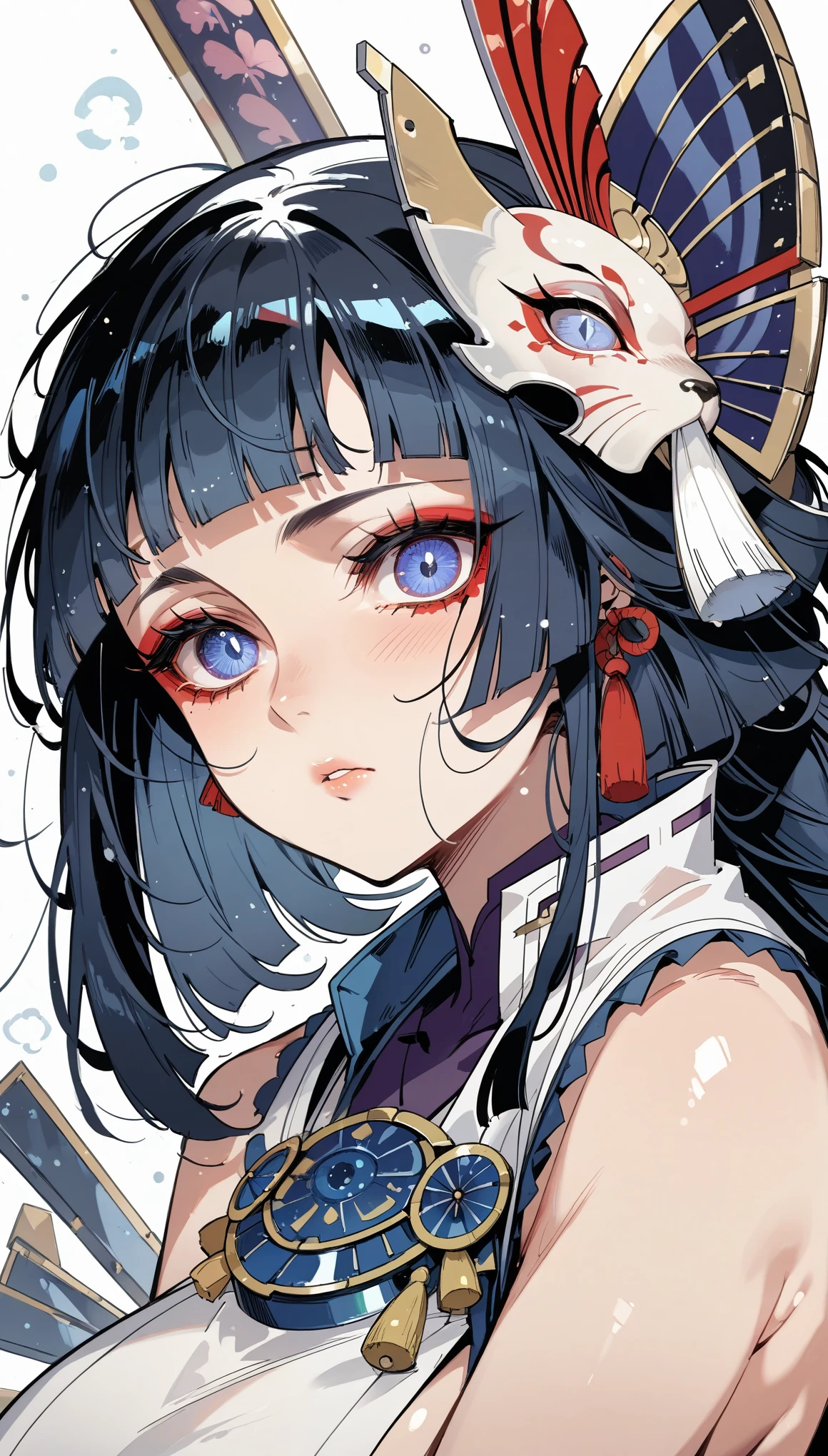 Black Hair, Direct and long,Low Ponytail, ((Narrow eyes,Slanted Eyes,Slit eyes,black eyes)),Thick eyeliner, huge breast, Onmyoji, The clothes are transparent, Cold Stare, Japanese Princess,Loincloth, (((High resolution))), ((((masterpiece))))