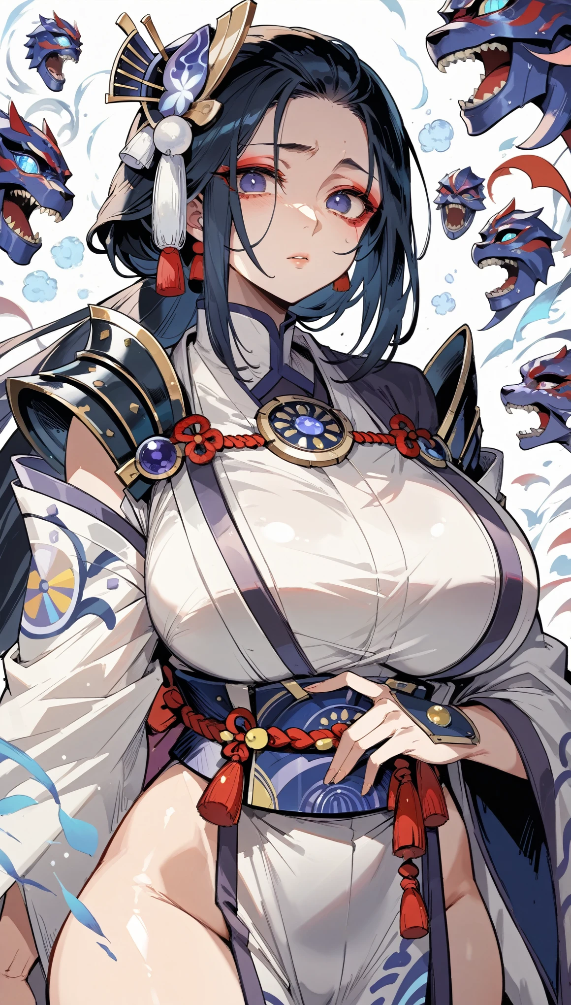 Black Hair, Direct and long,Low Ponytail, ((Narrow eyes,Slanted Eyes,Slit eyes,black eyes)),Thick eyeliner, huge breast, Onmyoji, The clothes are transparent, Cold Stare, Japanese Princess,Loincloth, (((High resolution))), ((((masterpiece))))