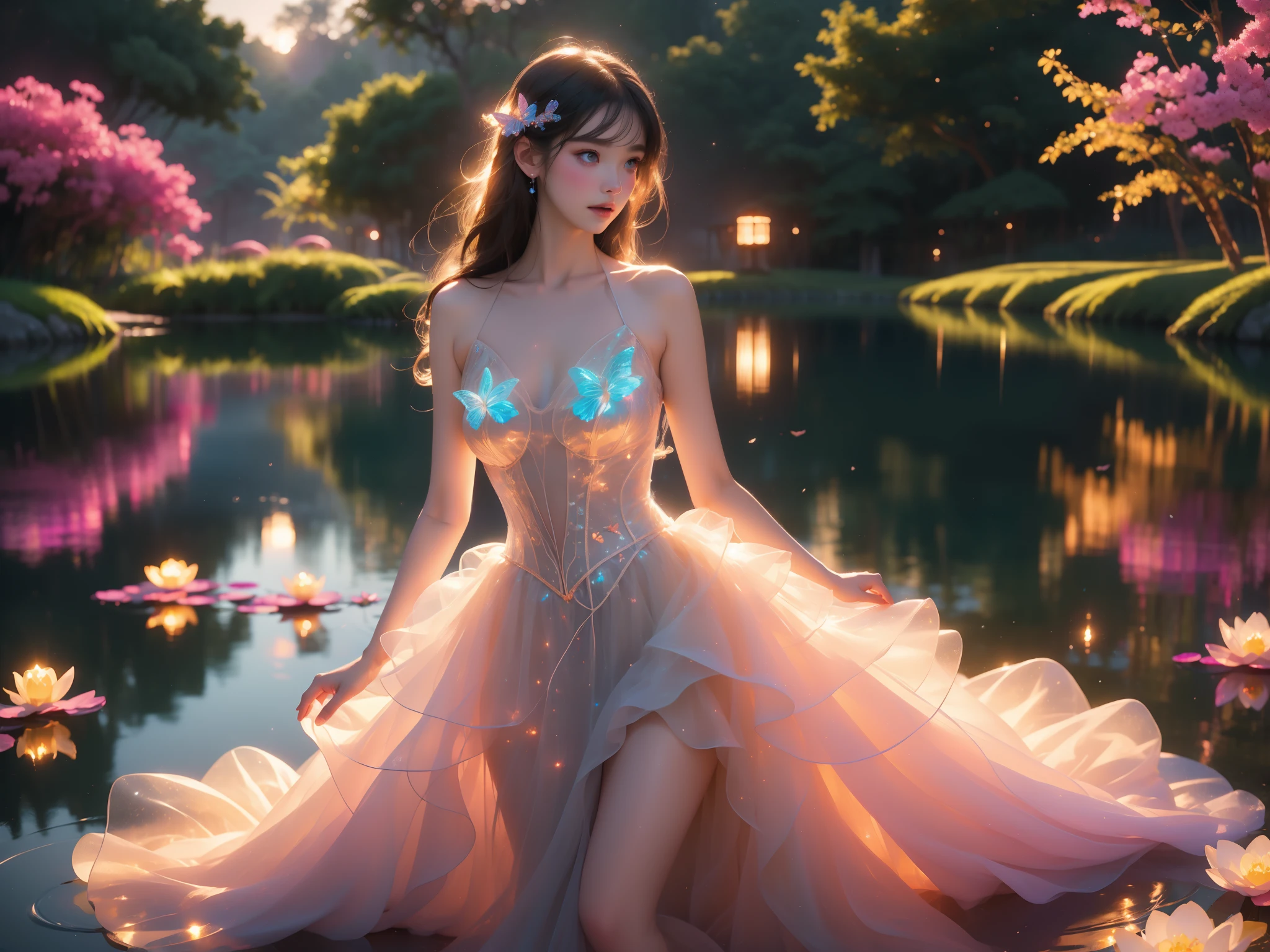 bioluminescent dress
butterfly dress(quality improvement:1.4),1girl, Full breasts,Visible cleavage,Sexy long legs,The skirt is short,She gently lifted her skirt with one hand,Surrounded by white Phalaenopsis orchids,Lilac dendrobium、White Lily, Flying petals,(Top quality leather), Delicate face,Black Hair, Gradient hair, Body,(Body1.1), He has a precious gem on his forehead., Shining Student,Long eyelashes,Smile, Surrealism, Movie Lighting, Projection Insertion, Surrealism, Ultra HD, masterpiece,lie,Keep dreaming,Open your legs slightly.,Tattoo,Fantasy Space,Luxurious space,Exquisite makeup,Blush,Shy expression