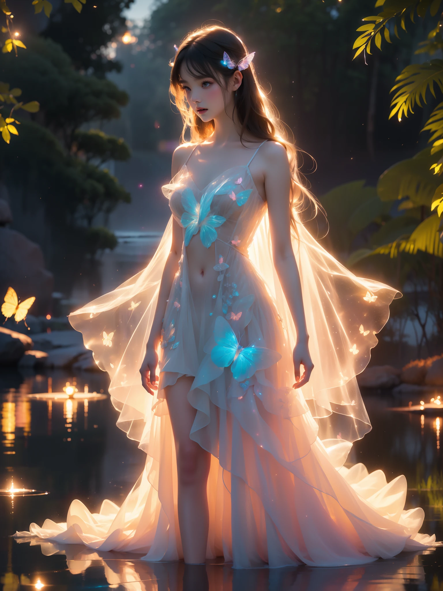 bioluminescent dress
butterfly dress
burlesque dress water, 1girl, pose in water, black night, evening, fireflies, moonlit lake, long flowing hair, ethereal glow, shimmering water surface, soft ripples, starry sky, misty atmosphere, delicate facial features, serene expression, translucent dress, bare shoulders, pale skin, water lilies, reflections in water, dreamy and mysterious mood, high detail, photorealistic, cinematic lighting