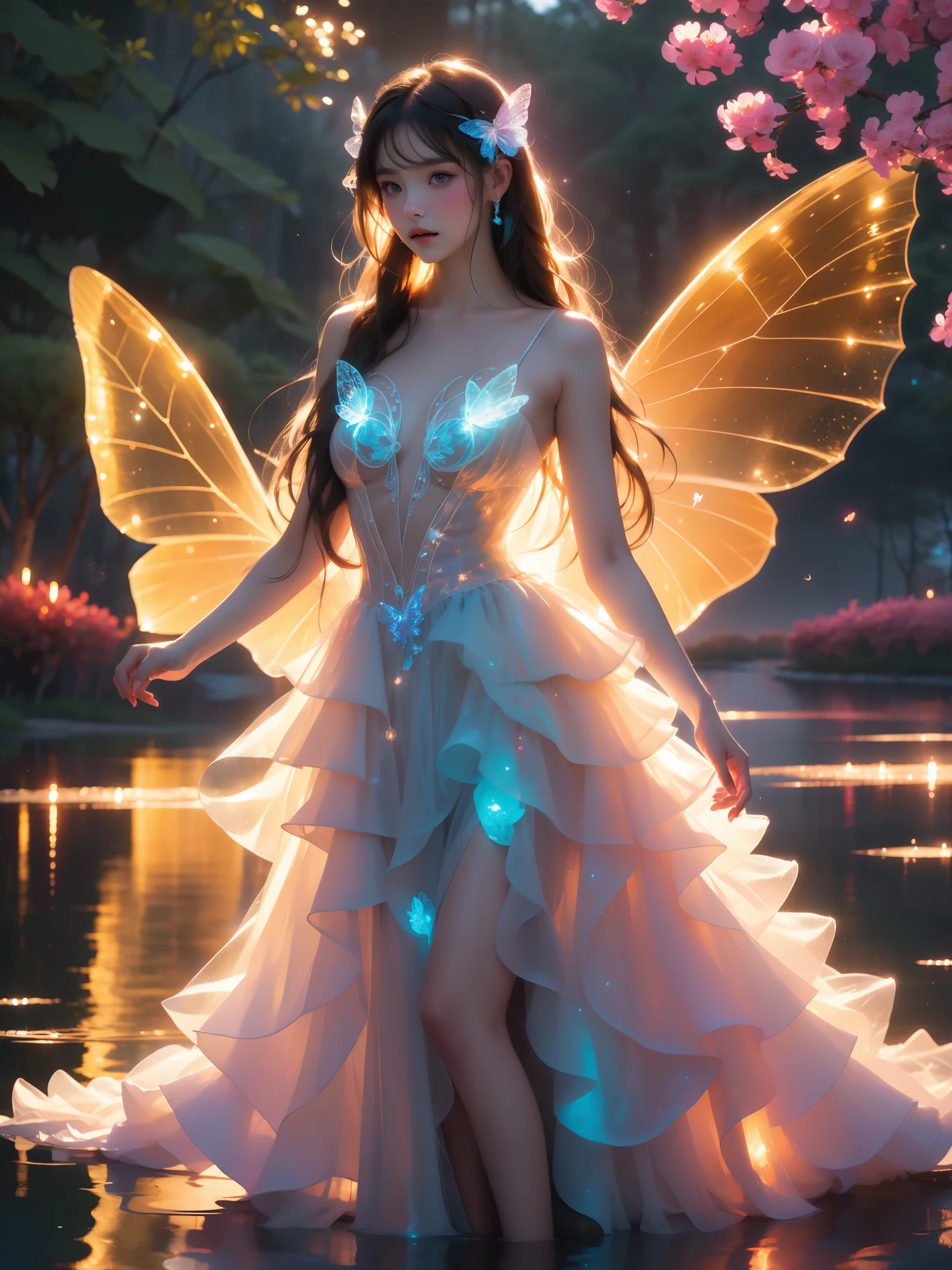 bioluminescent dress
butterfly dress
burlesque dress water, 1girl, pose in water, black night, evening, fireflies, moonlit lake, long flowing hair, ethereal glow, shimmering water surface, soft ripples, starry sky, misty atmosphere, delicate facial features, serene expression, translucent dress, bare shoulders, pale skin, water lilies, reflections in water, dreamy and mysterious mood, high detail, photorealistic, cinematic lighting