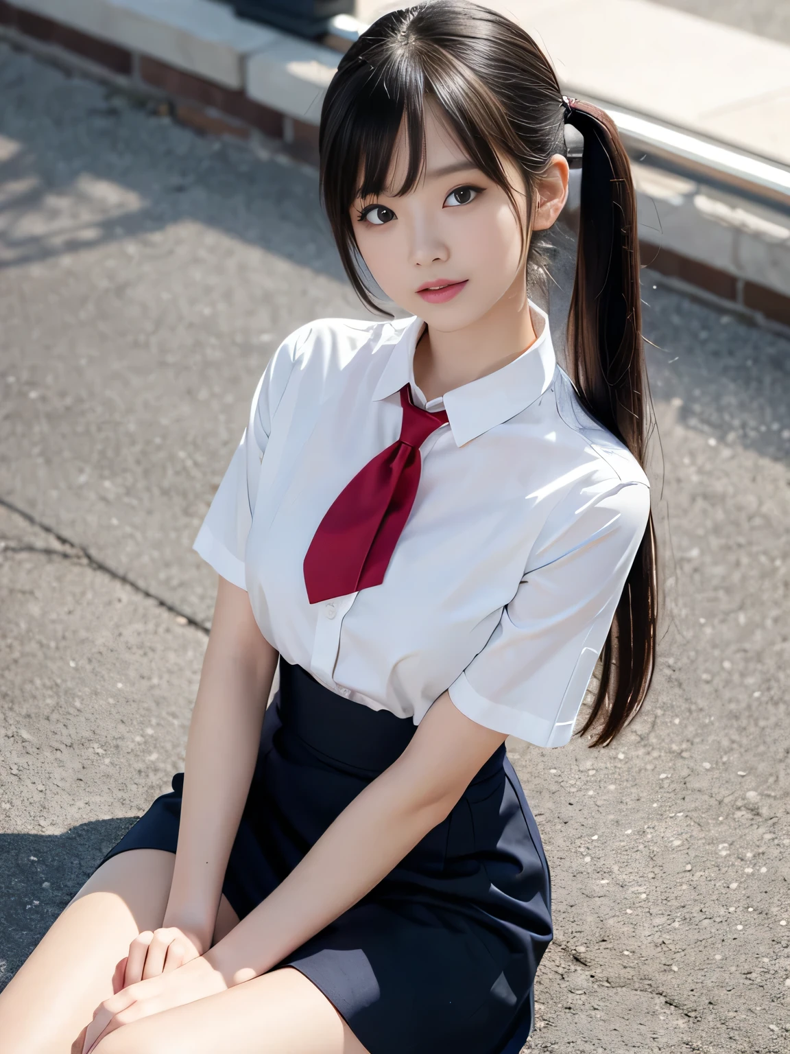 1 Girl, alone, Japanese girl, , 、(Highest quality, Realistic, High resolution, 8K, Very detailed, Detailed face, Shiny skin), Japanese , Collared shirt, White shirt, Red ribbon tie, Black Hair, ragged bangs, ponytail,Gazing into the distance,Checked mini skirt、Nice thighs、Are standing,smile、