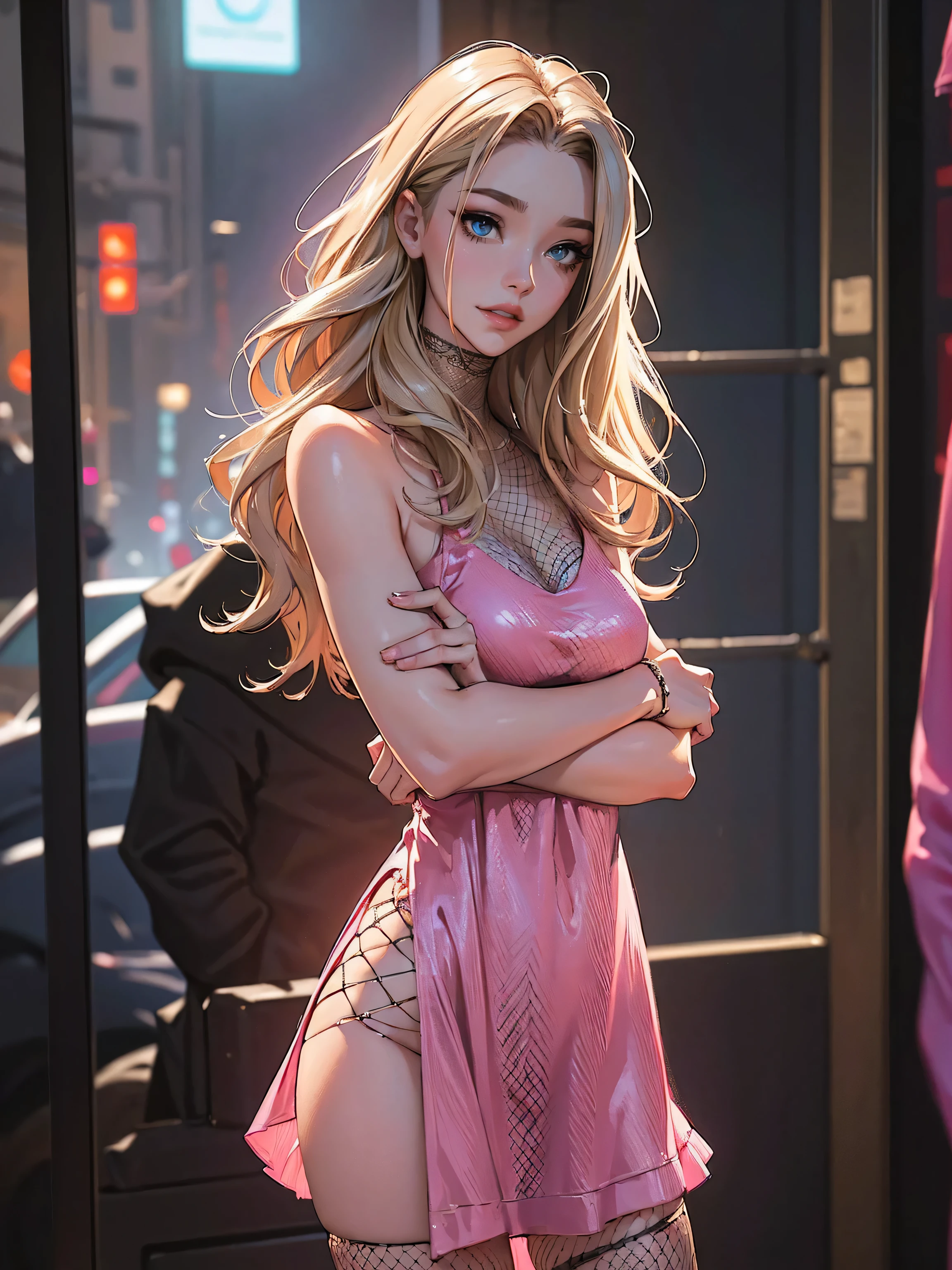 ((((masterpiece, best quality, high resolution)))), Extremely detailed 8K, Beautiful girl with slender body, e-girl, (Ultra HD, Ultra-detailed, Highly detailed, Highly realistic, Ultra-realistic, photograph realistic), (1girl:1.5), (Realistic blonde hair with dark roots), wavy hair,,(dark makeup, pink eyeshadow), facing at camera, light smile, , coy grin, slender body, (cyberpunk), sydney sweeney, naked wearing fishnets, slim, (slutty pink dress), ban! art style, slender body, light blue eyeshadow