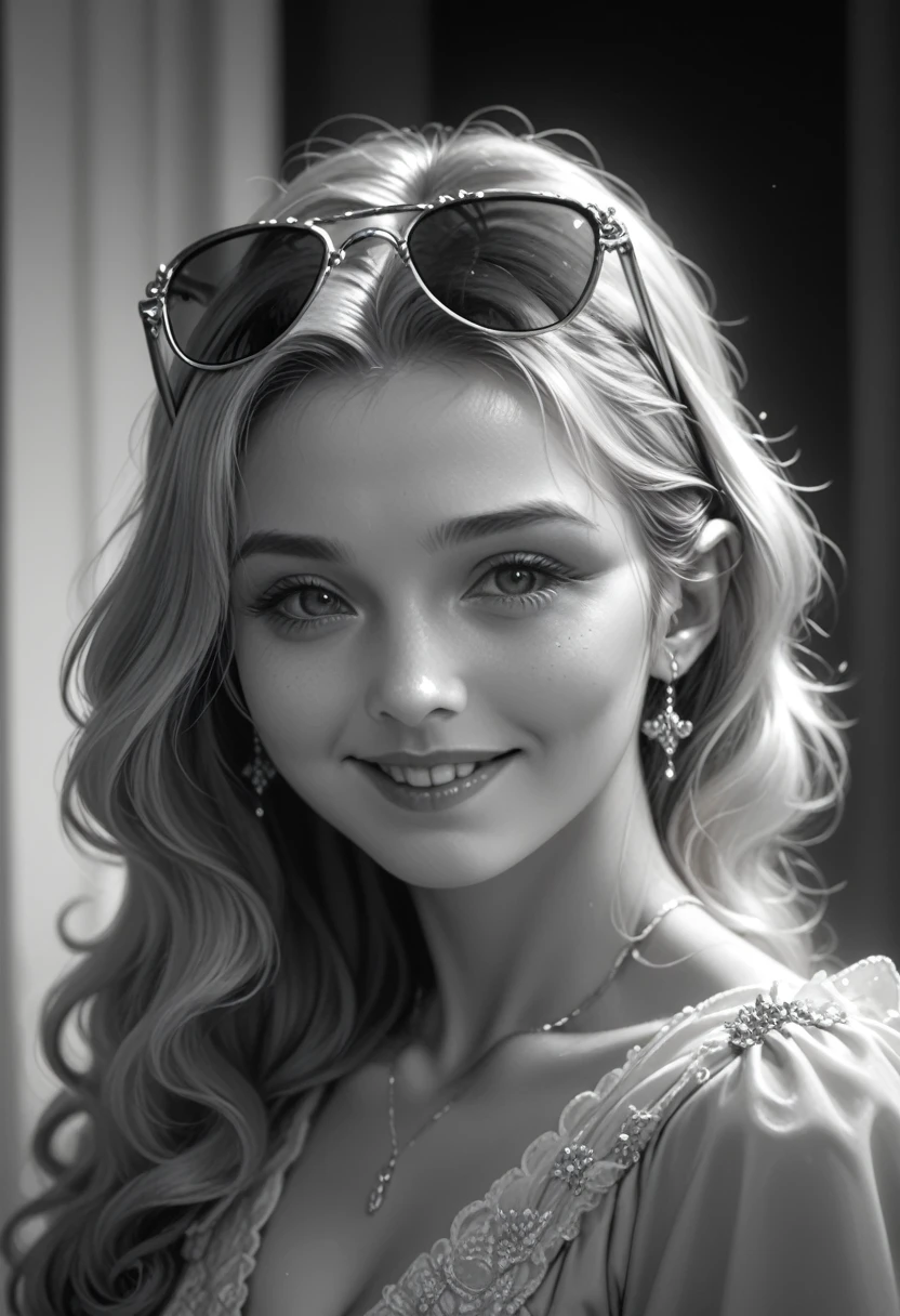 NauSKaaValOfVi, monochrome, shades of gray, detailed 1girl, looks at the viewer, sad smile, upper body,