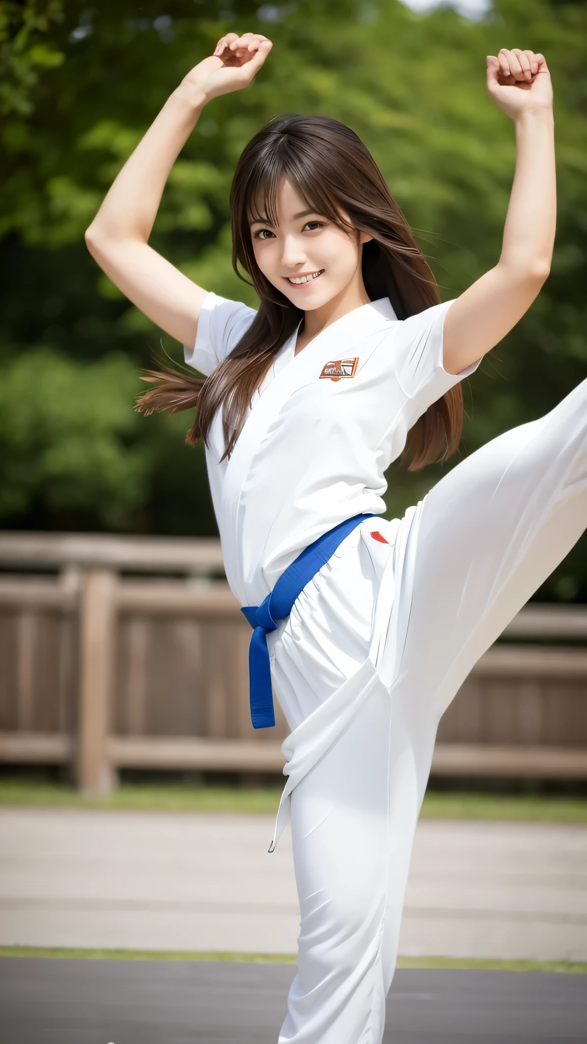 Woman in white karate costume posing on beach with sea background, beautiful Korean women, Korean Woman, Korean Girl, martial art pose, kim jung gi, Wearing a white GI, karate, in a fighting pose, Martial arts, doing martial arts, Gorgeous young Korean woman, karate outfit, karate pose, Beautiful young Korean woman, Inspired by Kim Hwang-ki