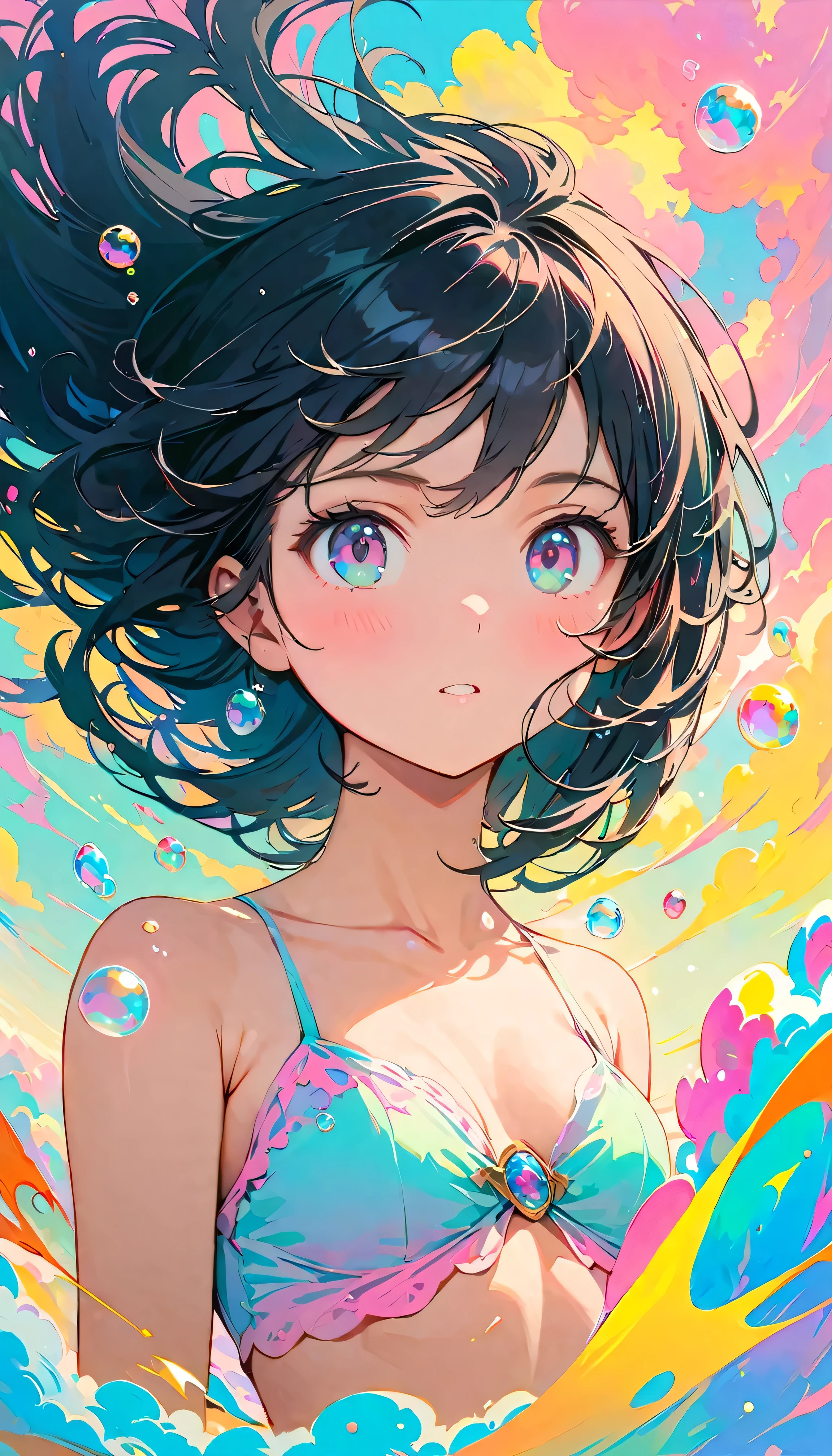 Best Quality, Super Fine, 8k, Unbelievably absurd, Very detailed, 2.5D, Beautiful Goddess, Soap bubbles, Pastel colored clouds, Sunshine, Pop Art, Delicate and dynamic, Pastel Color Fantasy, Black Hair, Very young, Small breasts, Official Art