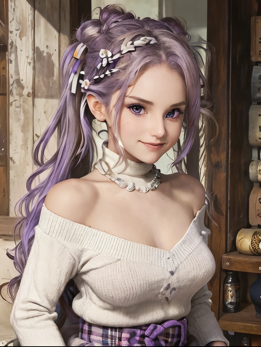 (Realistic painting style:0.9), masterpiece, best quality,  absurdres, looking at viewer, solo, hair bun, skirt, scarf, purple sweater, white skirt, purple hair, sweater, twintails, purple eyes, diamond-shaped pupils, hair ornament, bare shoulders, smile, breasts, cone hair bun, long hair, belt, double bun, long sleeves, bangs, bow, hair flower, hair bow,ribbon, hair ribbon, braid, plaid scarf, plaid, off shoulder