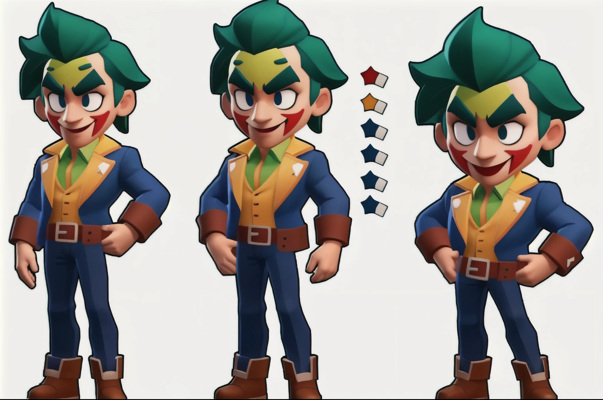 Cartoon proportion, A joker, character sheet,full Body,Low-poly,The ratio of head to body is 1:1