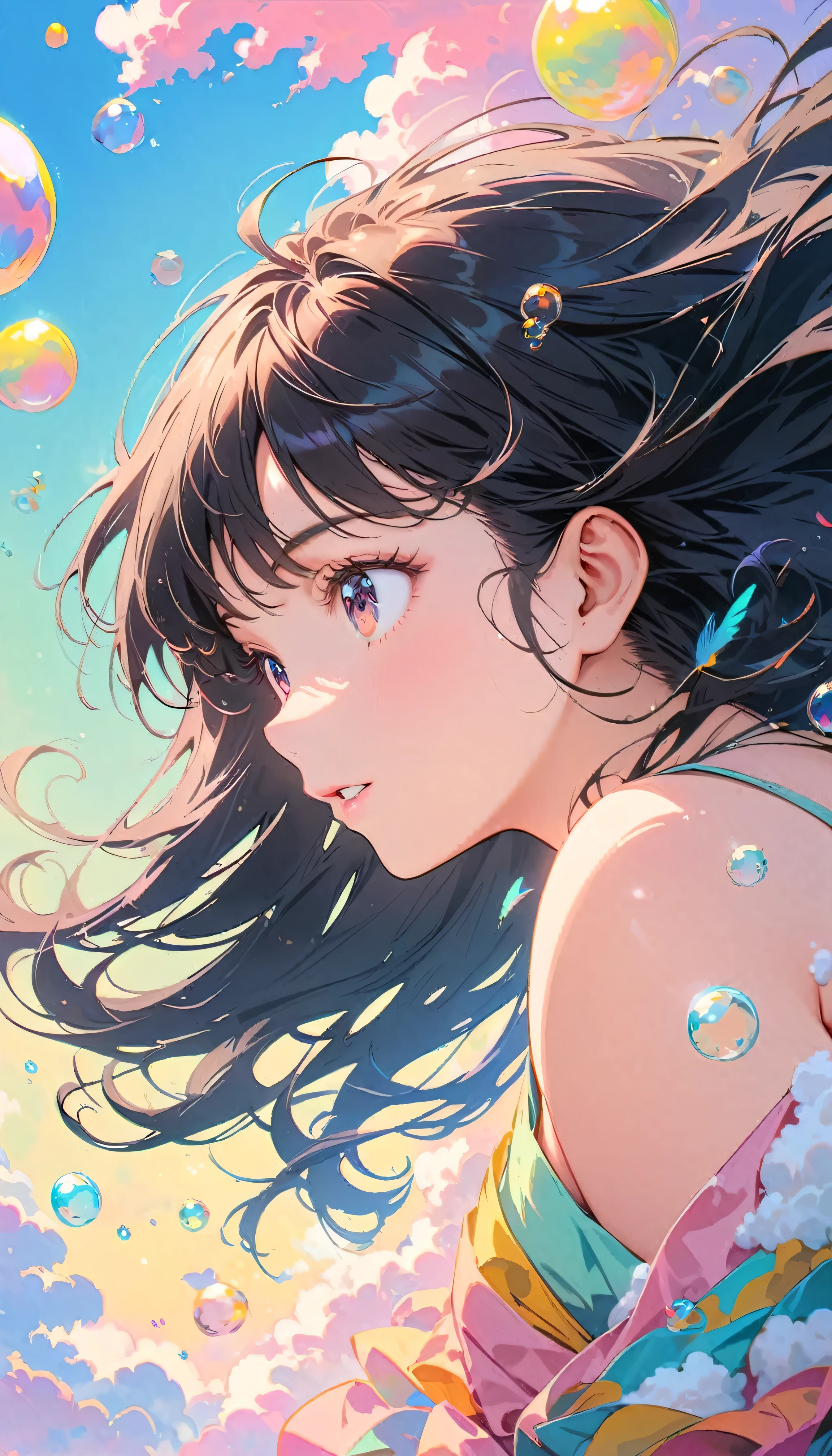 Best Quality, Super Fine, 8k, Incredibly absurd, Very detailed, 2.5D, Beautiful Goddess, Soap bubbles, Pastel colored clouds, Sunshine, Pop Art, Delicate and dynamic, Pastel color fantasy, Black Hair, Official Art