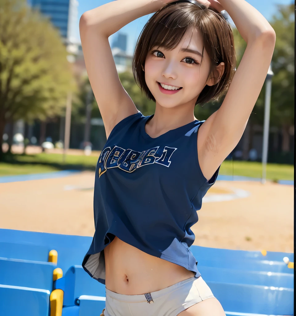 Best Quality、8k、No makeup、masterpiece、Ultra-high resolution、Clear Photo、Realistic、Professional Lighting、(Very cute、beautiful girl、Cute Yoda Yuki)、Cheerleader、smile、(Large erect nipples、I can see the valley)、Ultra slim、Narrow waist、Slender body、Thin legs、(Very short hair:1.6)、Brown Hair、smile、Field、Stadium seats、Soaking wet、(タイトなCheerleaderのユニホームを着て)、(mini skirt)、(Jumping towards the camera:1.8、Jump High:1.8)、(Spread your legs)、(She flipped up her skirt)、(She gets excited and shows off her white panties:1.6)、(Too Exposed)、Full body photo:1.4