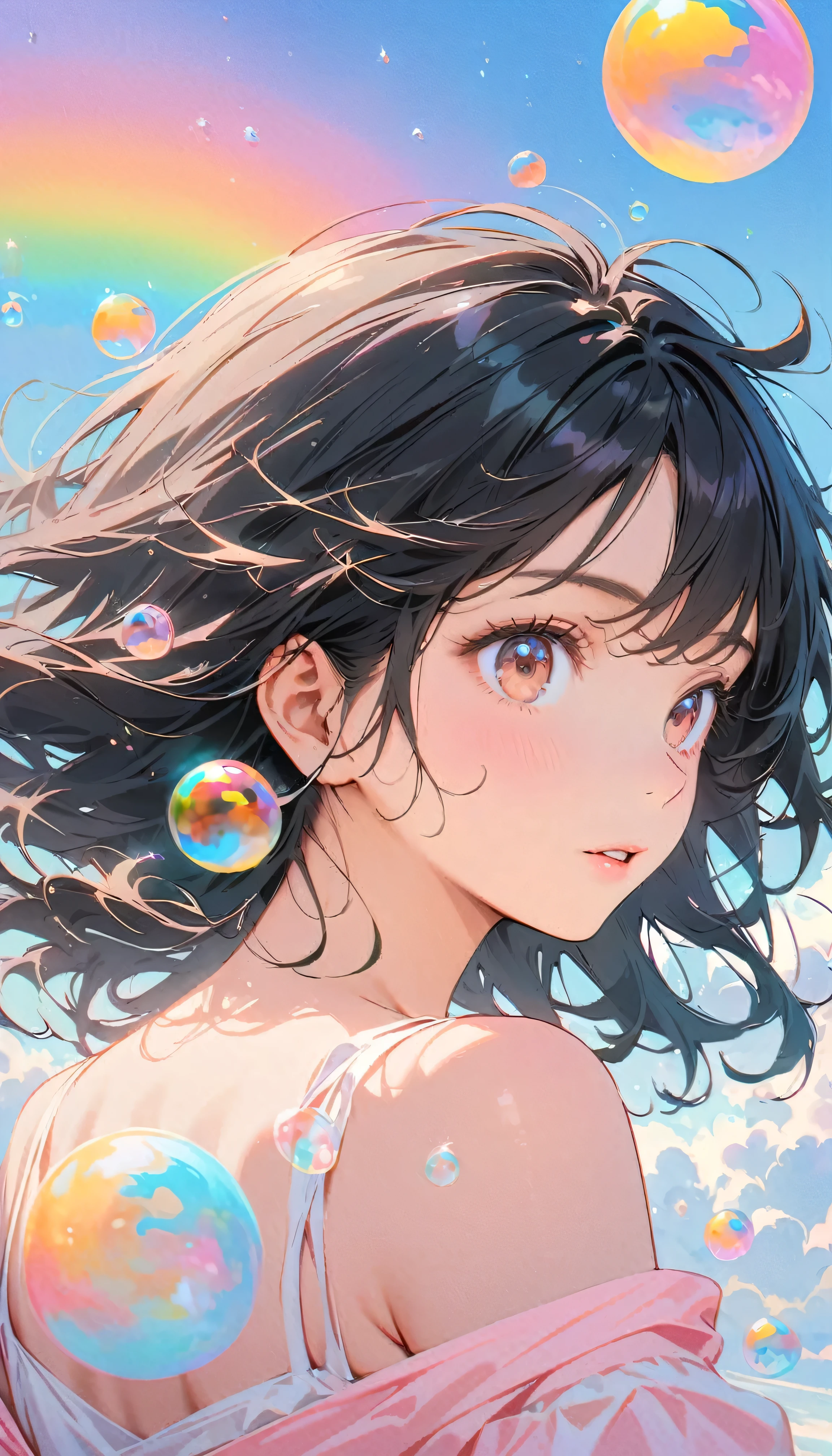 Best Quality, Super Fine, 8k, Incredibly absurd, Very detailed, 2.5D, Beautiful Goddess, Soap bubbles, Pastel colored clouds, Sunshine, Pop Art, Delicate and dynamic, Pastel color fantasy, Black Hair, Official Art